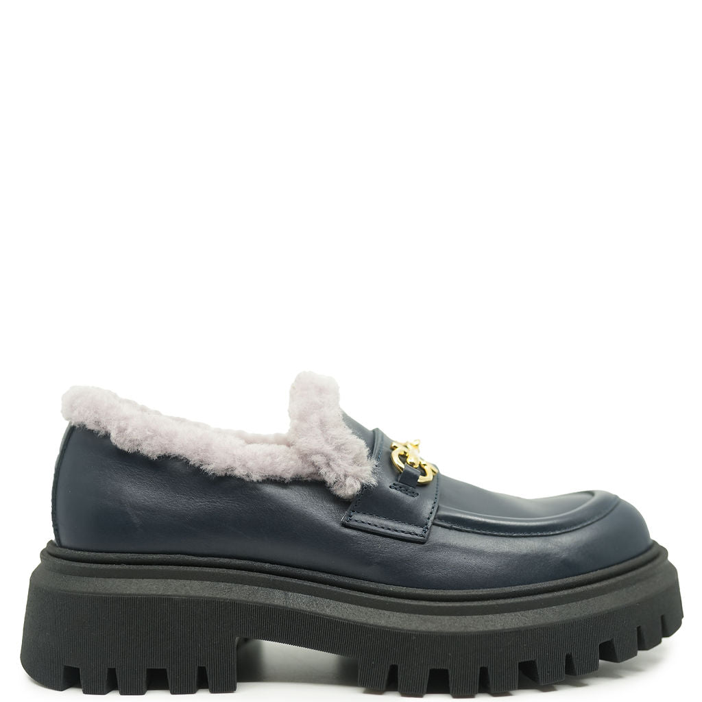 Rondinella Navy and Fur Buckle Chunky Loafer-Tassel Children Shoes