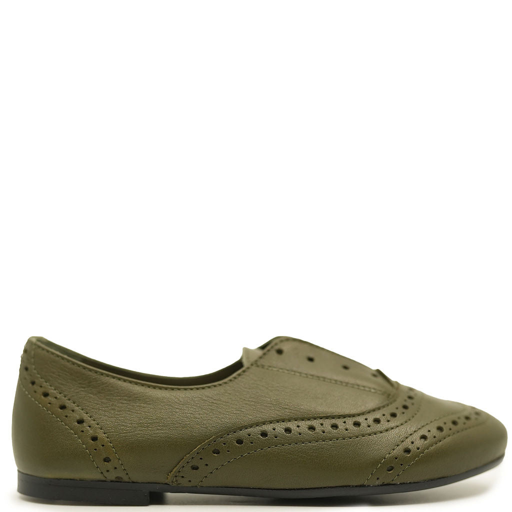 Papanatas Olive Elastic Wingtip Oxford-Tassel Children Shoes