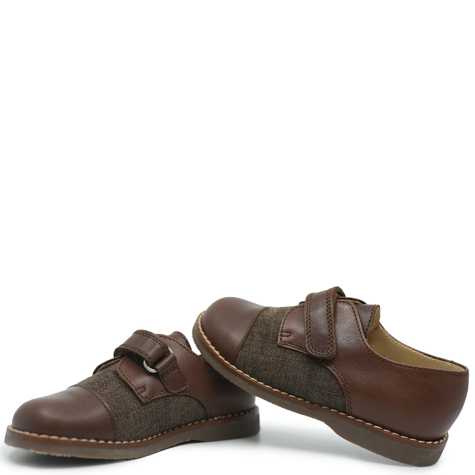 Beberlis Brown Leather and Linen Velcro Shoe-Tassel Children Shoes