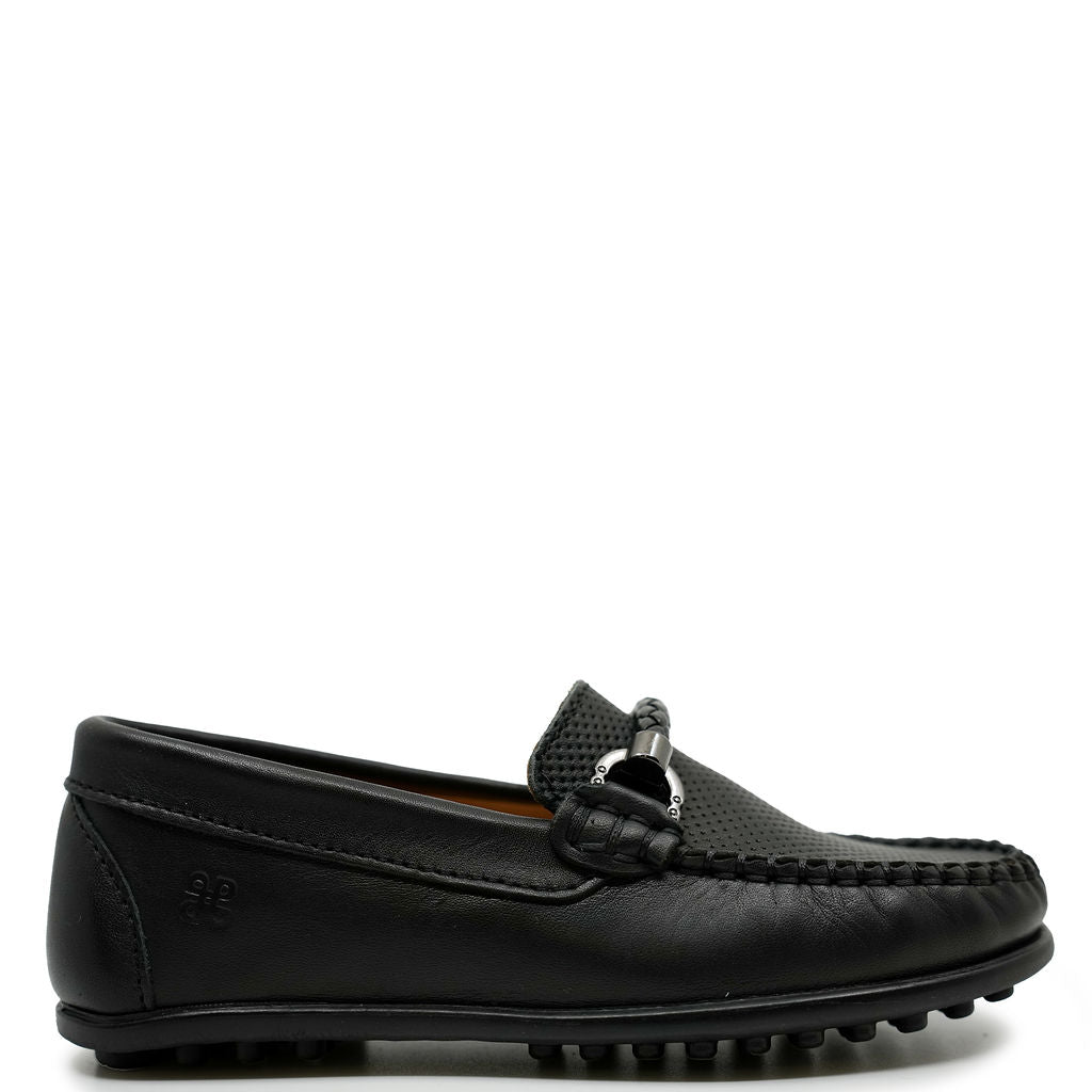 Porte Black Perforated Buckle Loafer-Tassel Children Shoes