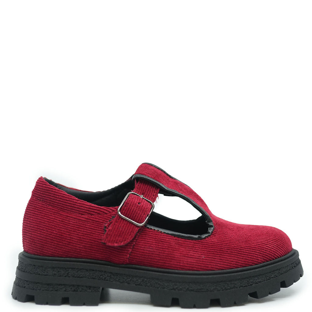 Blublonc Red Corduroy T Strap-Tassel Children Shoes