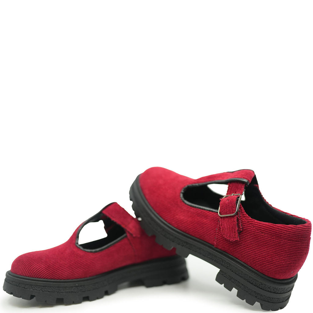 Blublonc Red Corduroy T Strap-Tassel Children Shoes