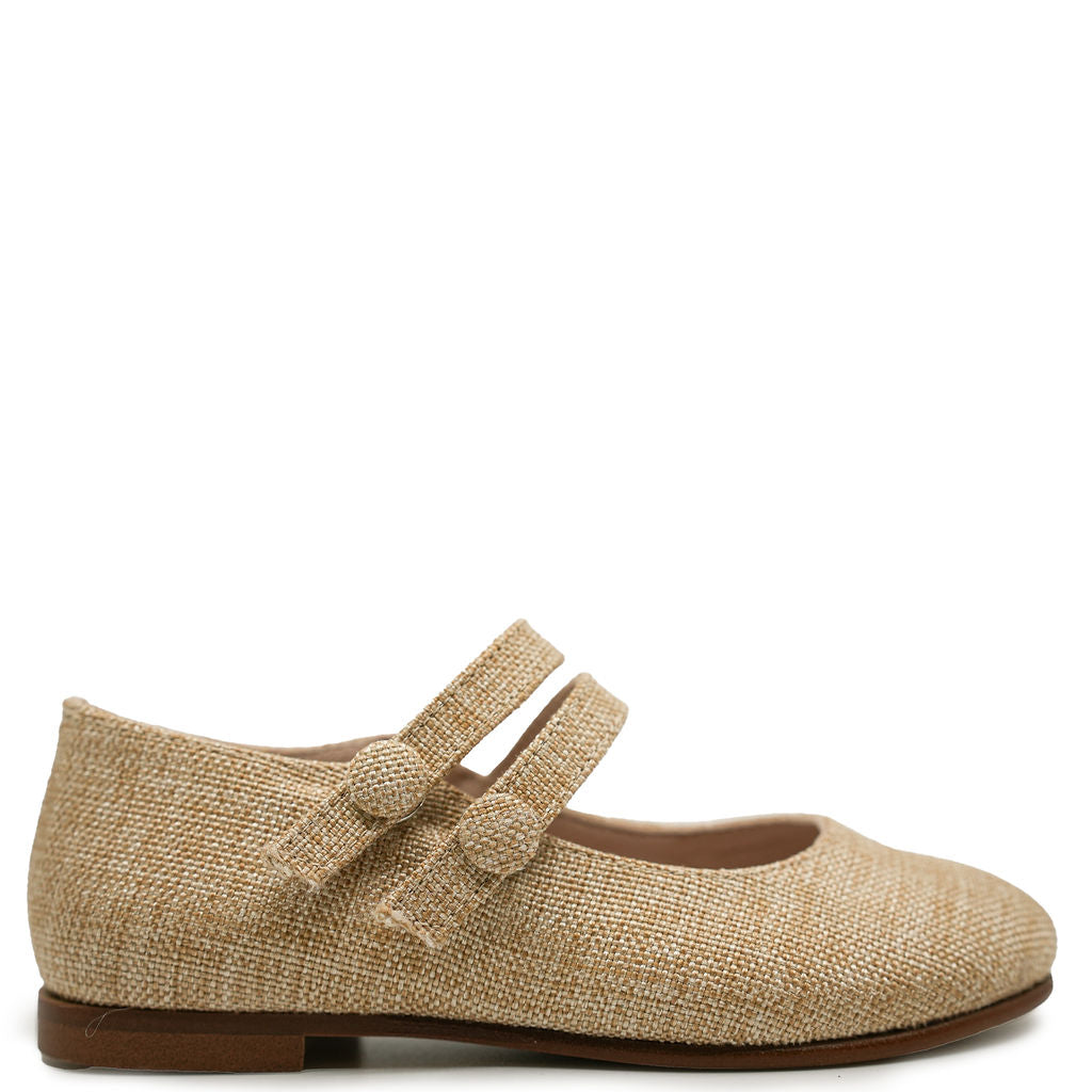 Beberlis Sand Linen Double Strap Mary Jane-Tassel Children Shoes