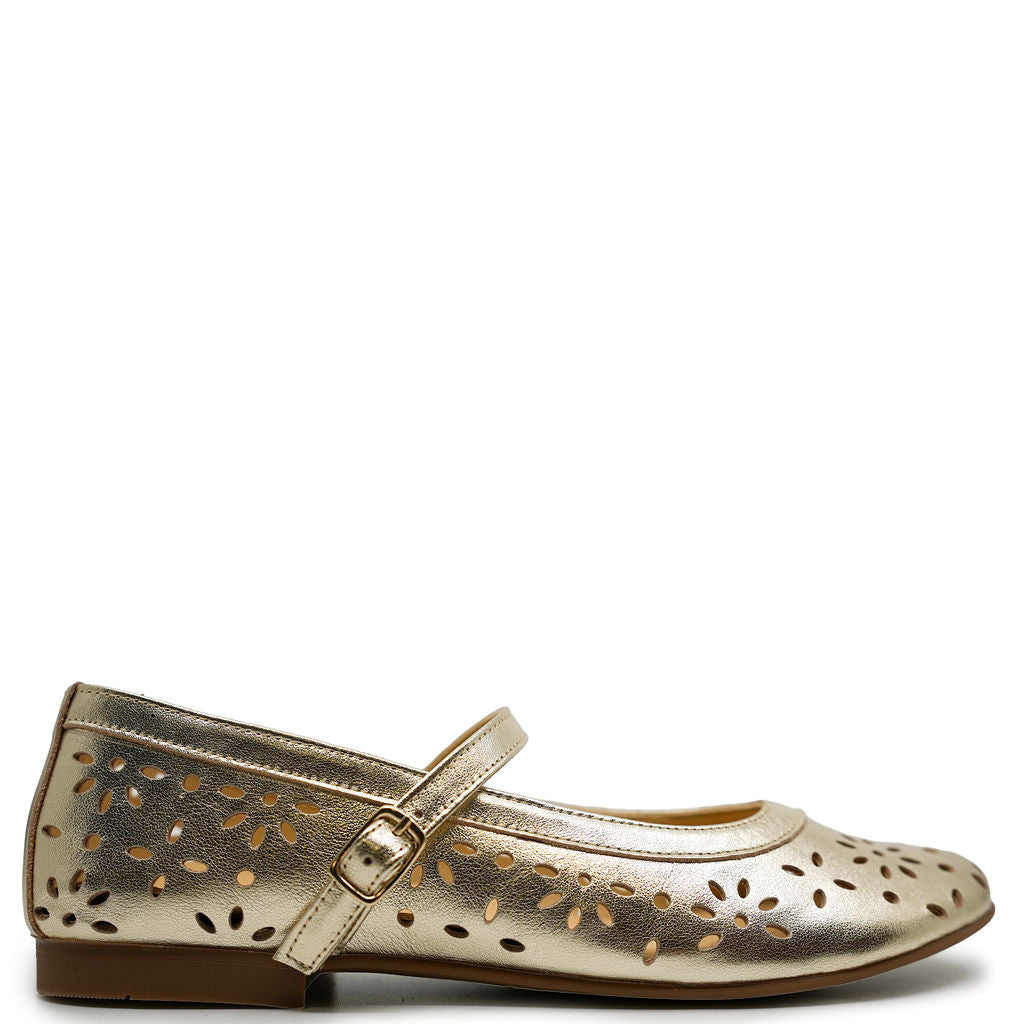 Andanines Soft Gold Laser Cut Mary Jane-Tassel Children Shoes