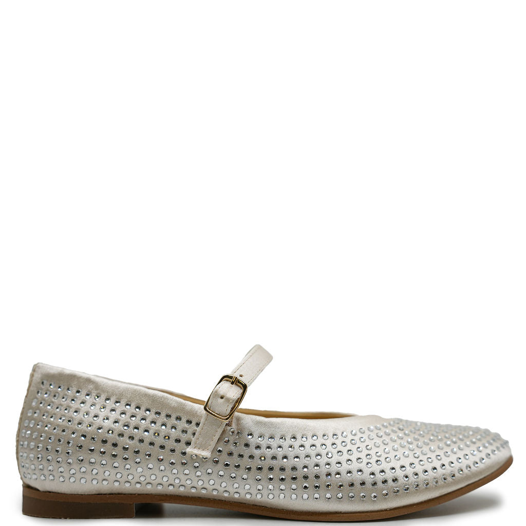 Andanines Ivory Satin Swarovski Pointed Mary Jane-Tassel Children Shoes