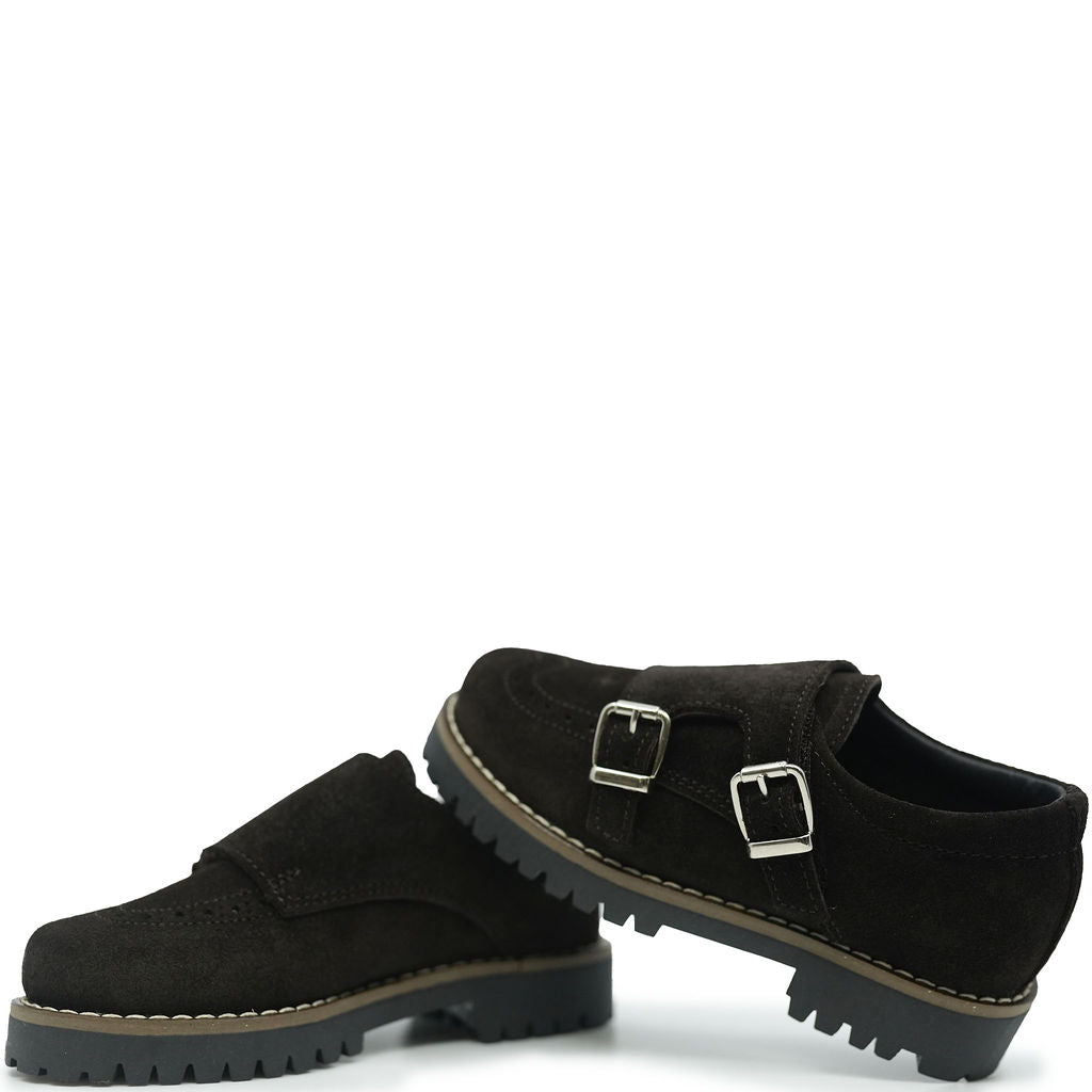 Blublonc Dark Brown Suede Double Monk Wingtip Shoe-Tassel Children Shoes