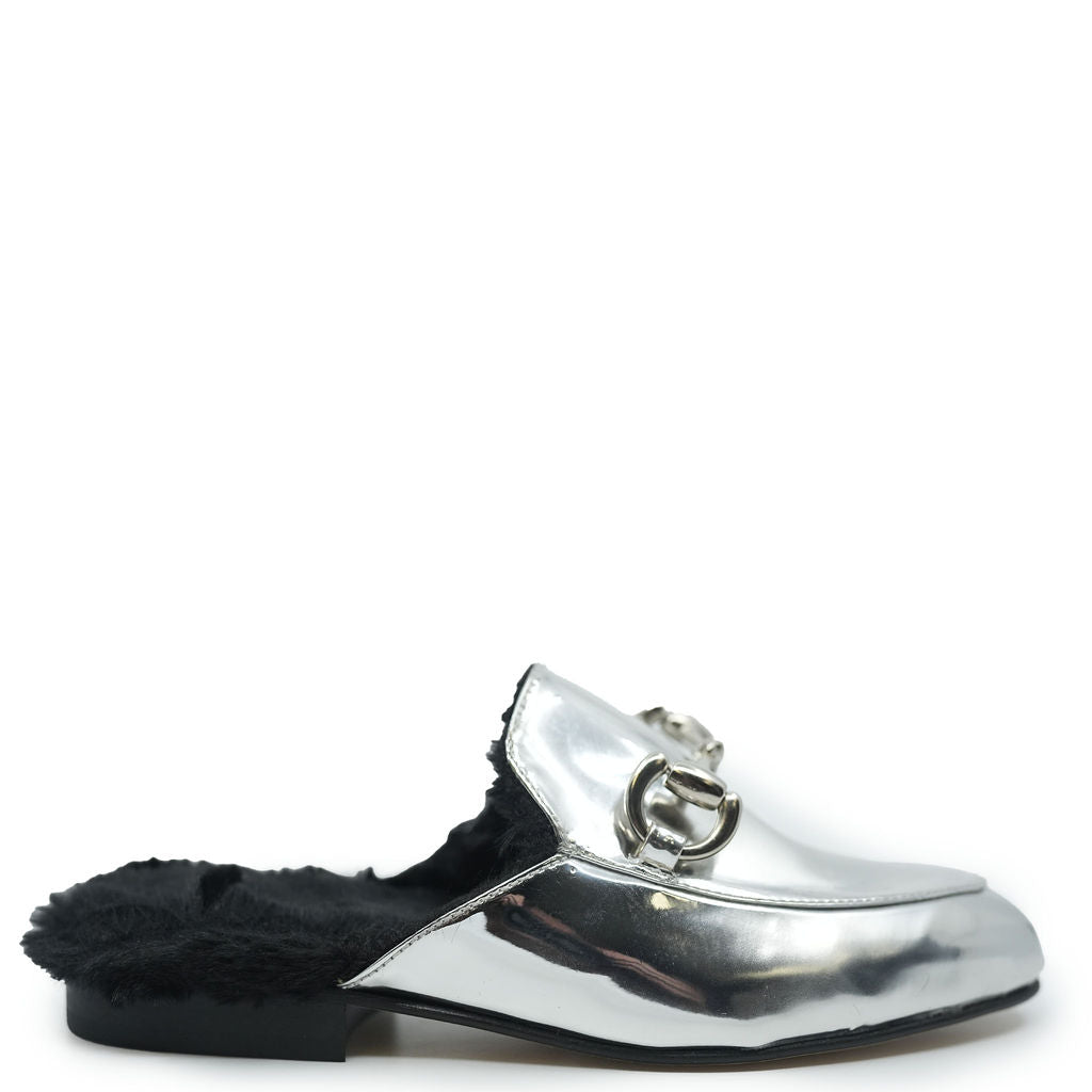 Confetti Silver Mirror and Fur Buckle Mule-Tassel Children Shoes