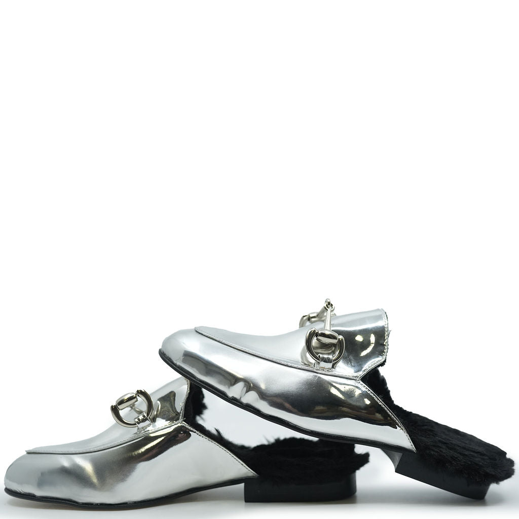 Confetti Silver Mirror and Fur Buckle Mule-Tassel Children Shoes