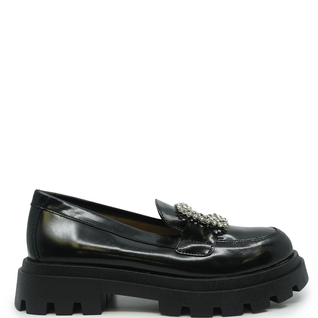 Confetti Black Leather Embellished Buckle Loafer-Tassel Children Shoes