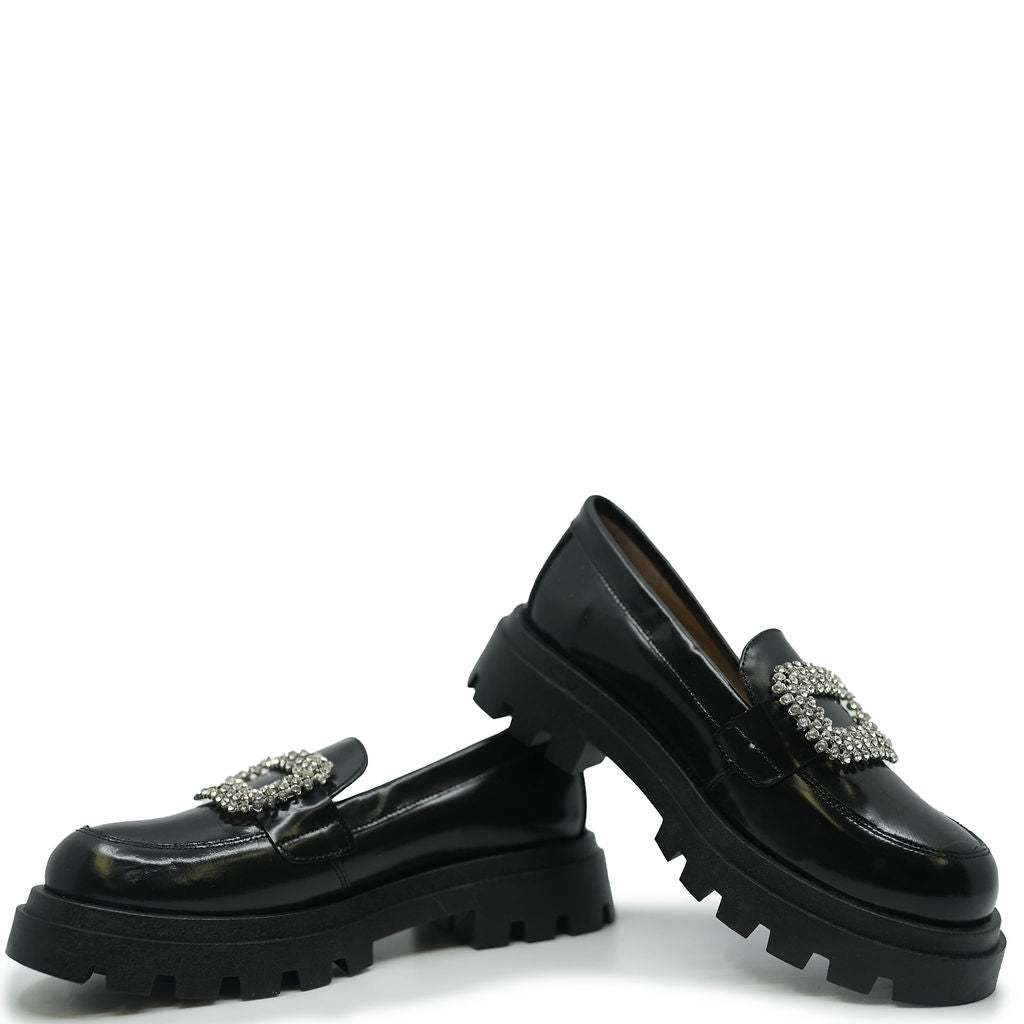 Confetti Black Leather Embellished Buckle Loafer-Tassel Children Shoes