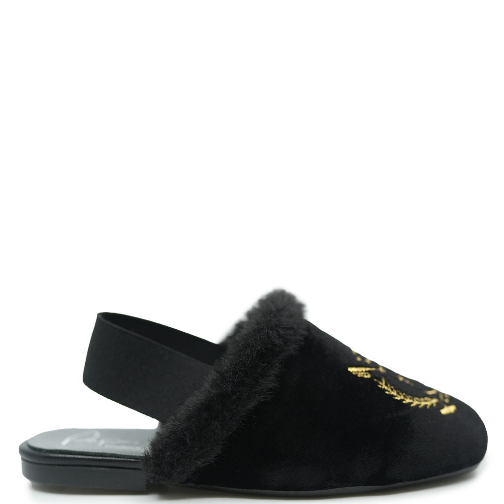 Papanatas Black Velvet Polo Club Embroidered Fur Slingback-Tassel Children Shoes