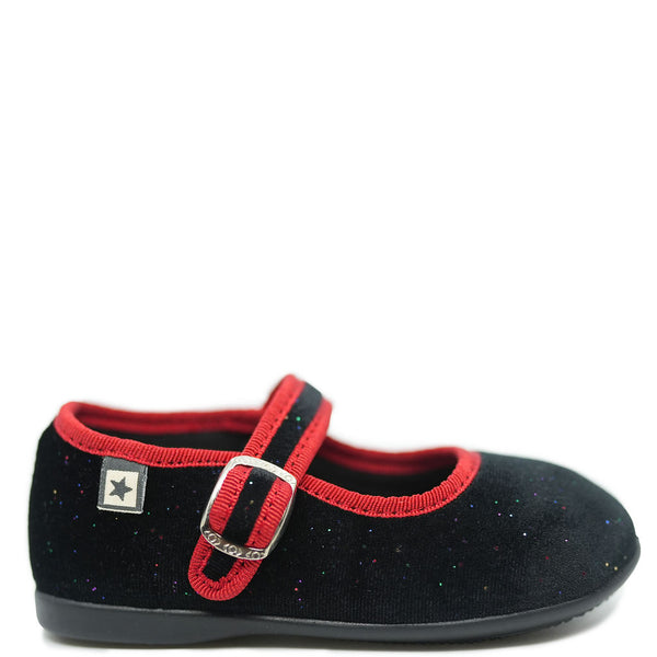 Bonton Black Sparkle Velvet Red Piping Mary Jane Tassel Children