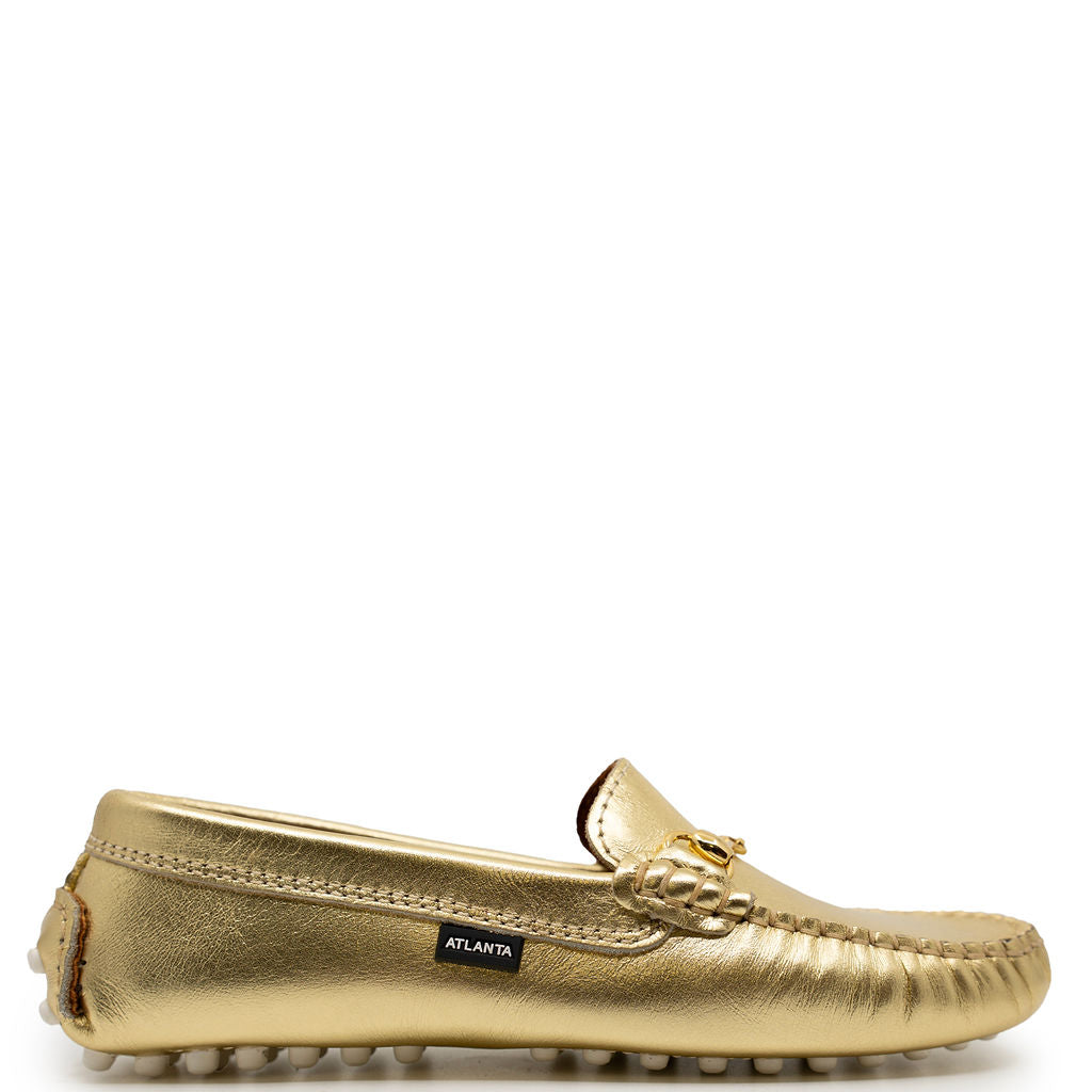 Atlanta Mocassin Gold Metallic Buckle Driver-Tassel Children Shoes
