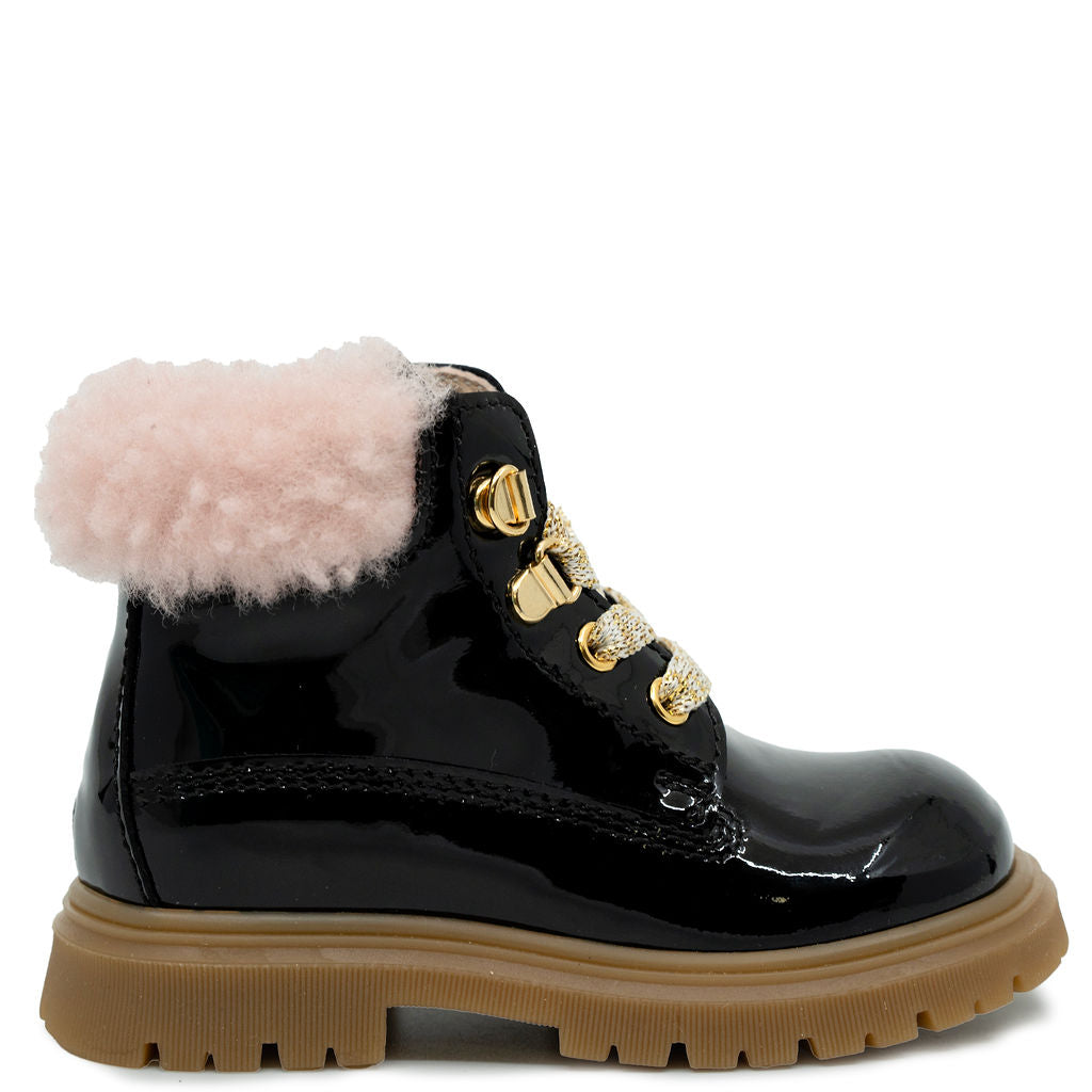 Rondinella Black Patent And Fur Baby Bootie-Tassel Children Shoes