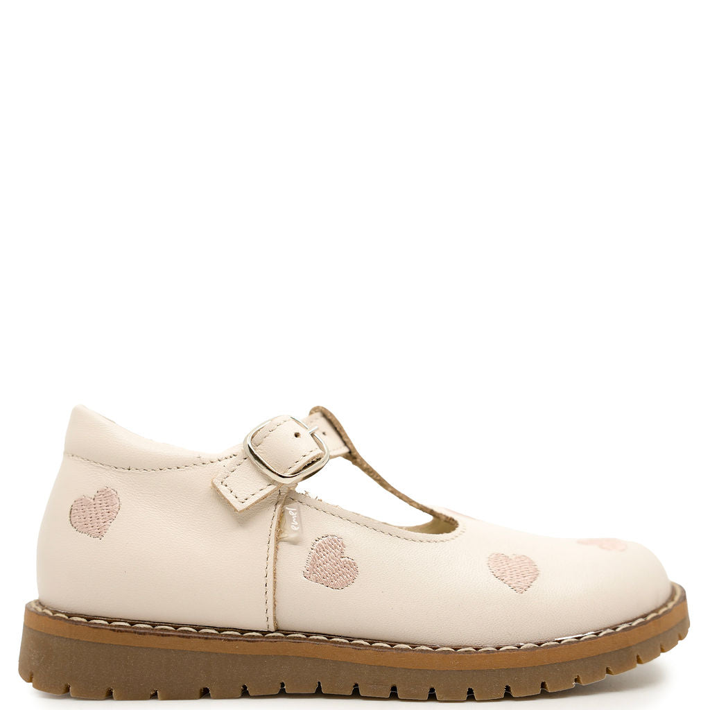 Emel Cream Heart Embroidered T Strap-Tassel Children Shoes