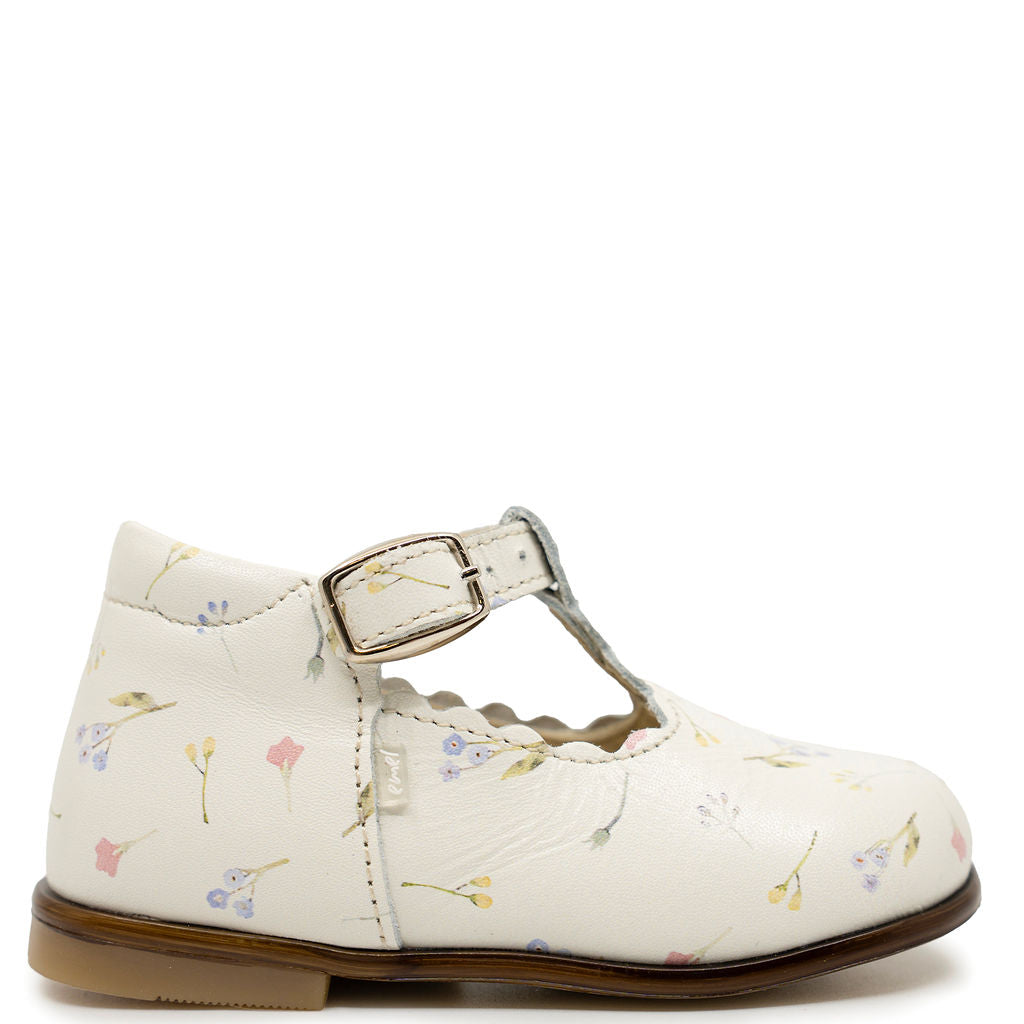 Emel Cream Floral Scalloped Baby T Strap-Tassel Children Shoes