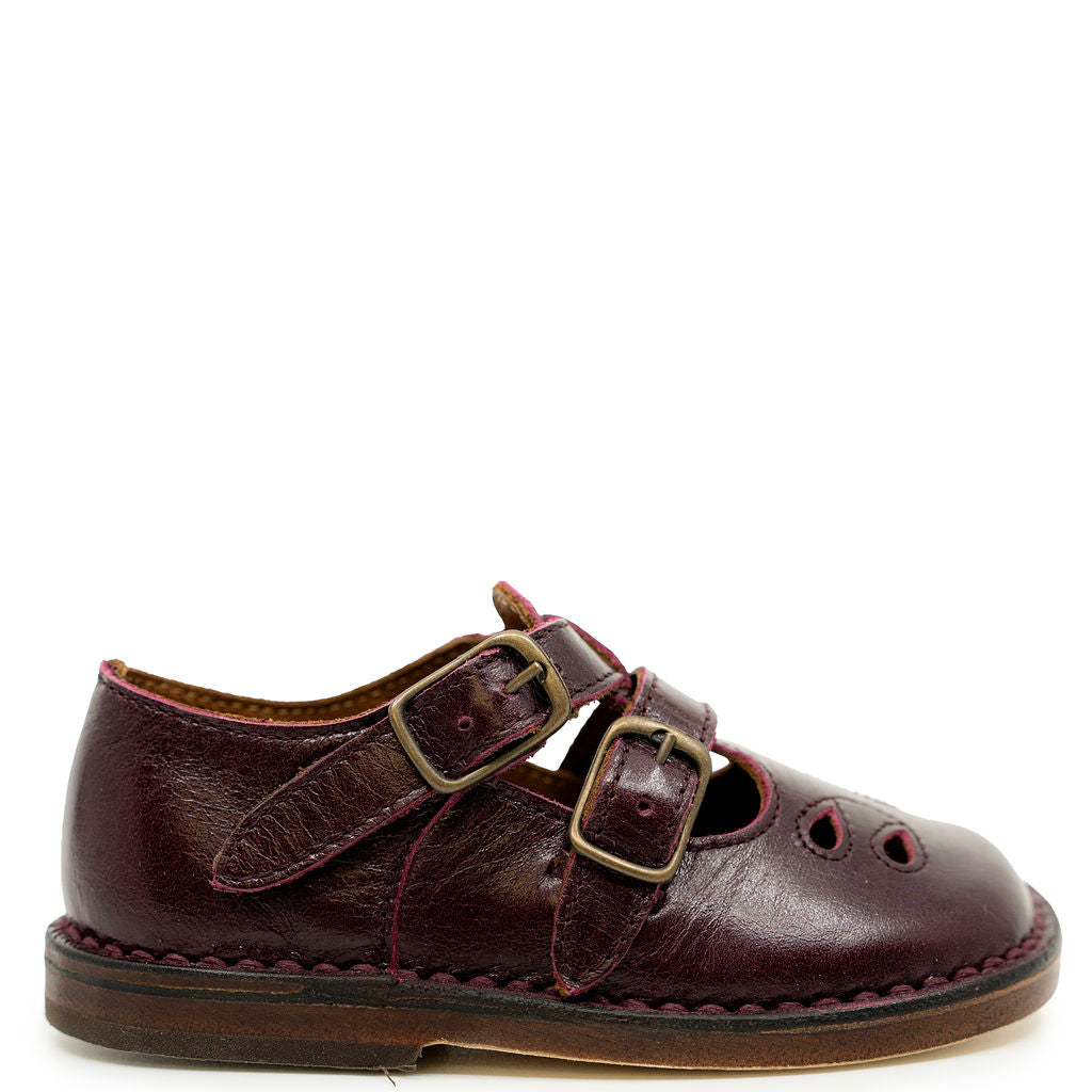 Pepe Burgundy Double Buckle T Strap-Tassel Children Shoes