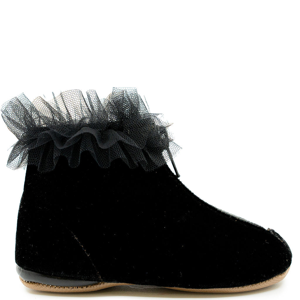 Pepe Black Velvet Ruffle Zipper Bootie-Tassel Children Shoes