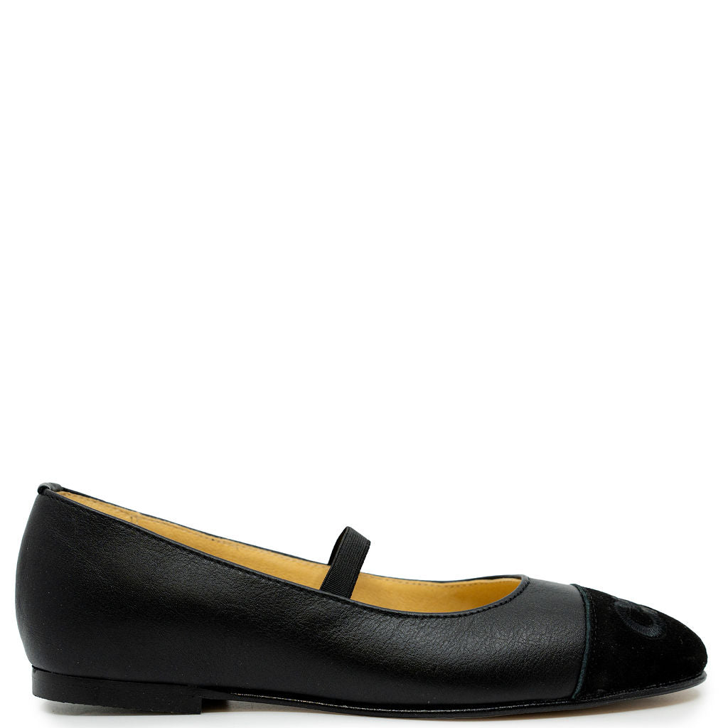 Spain+Co Black Leather Captoe Elastic Flat-Tassel Children Shoes