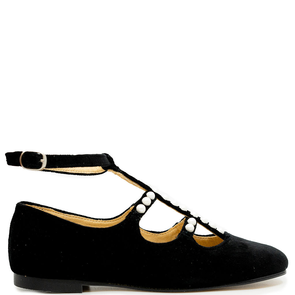 Spain+Co Black Velvet Pearl Mary Jane-Tassel Children Shoes