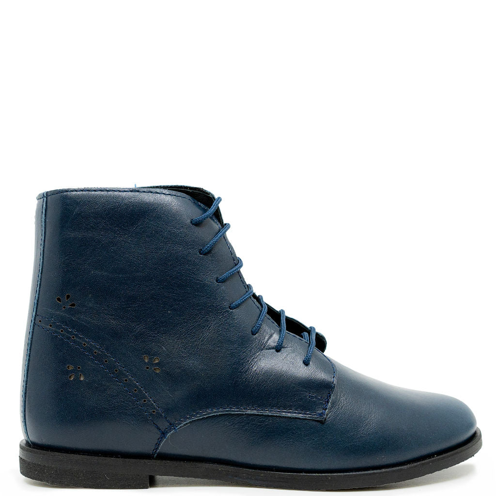 Spain+Co Navy Leather Perforated Boot-Tassel Children Shoes