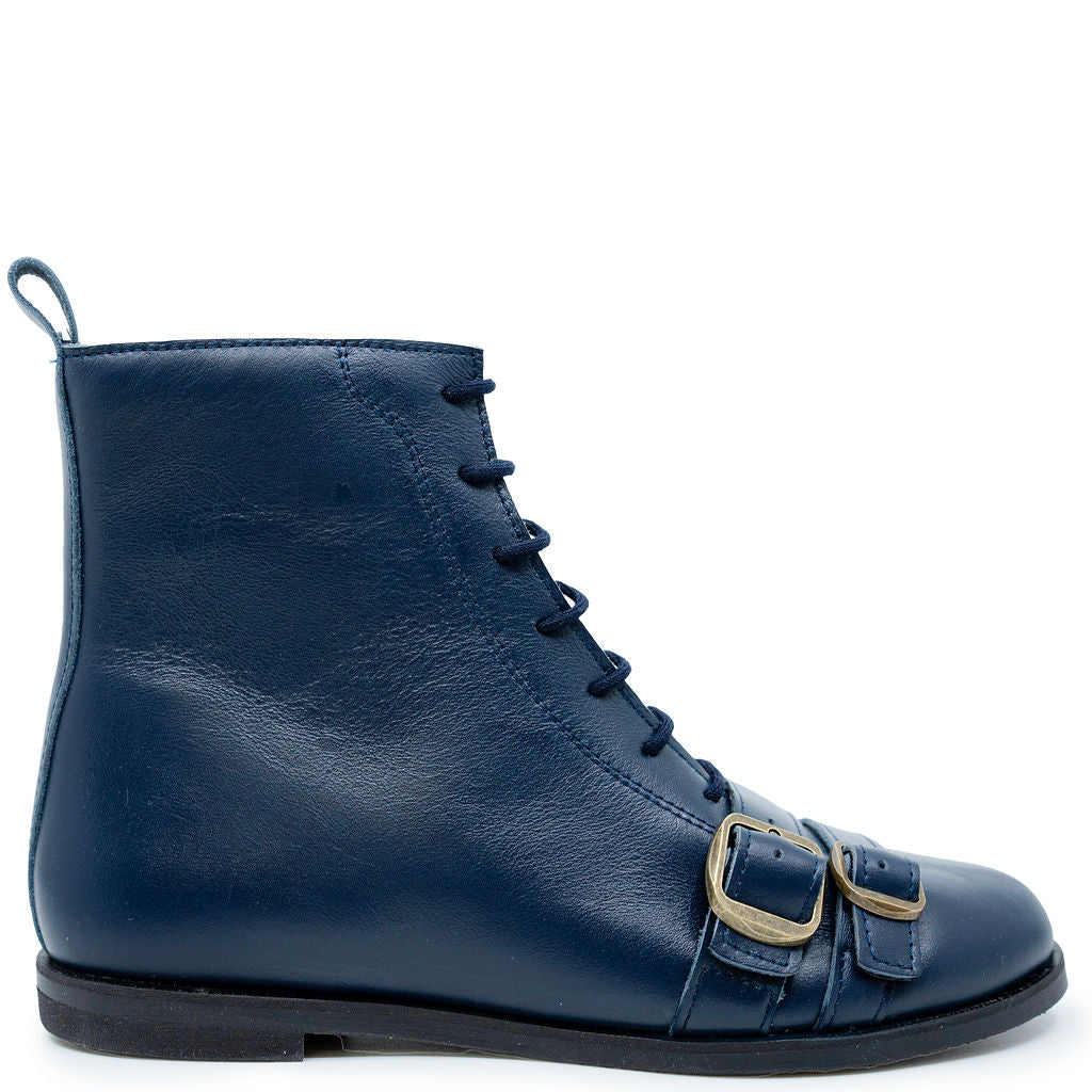 Spain+Co Navy Leather Buckles Boot-Tassel Children Shoes