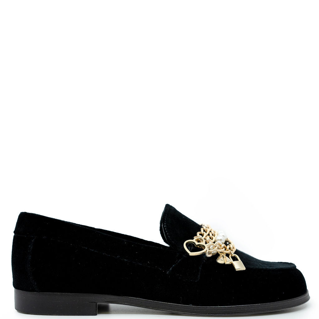 Spain+Co Chained Black Velvet Loafer-Tassel Children Shoes