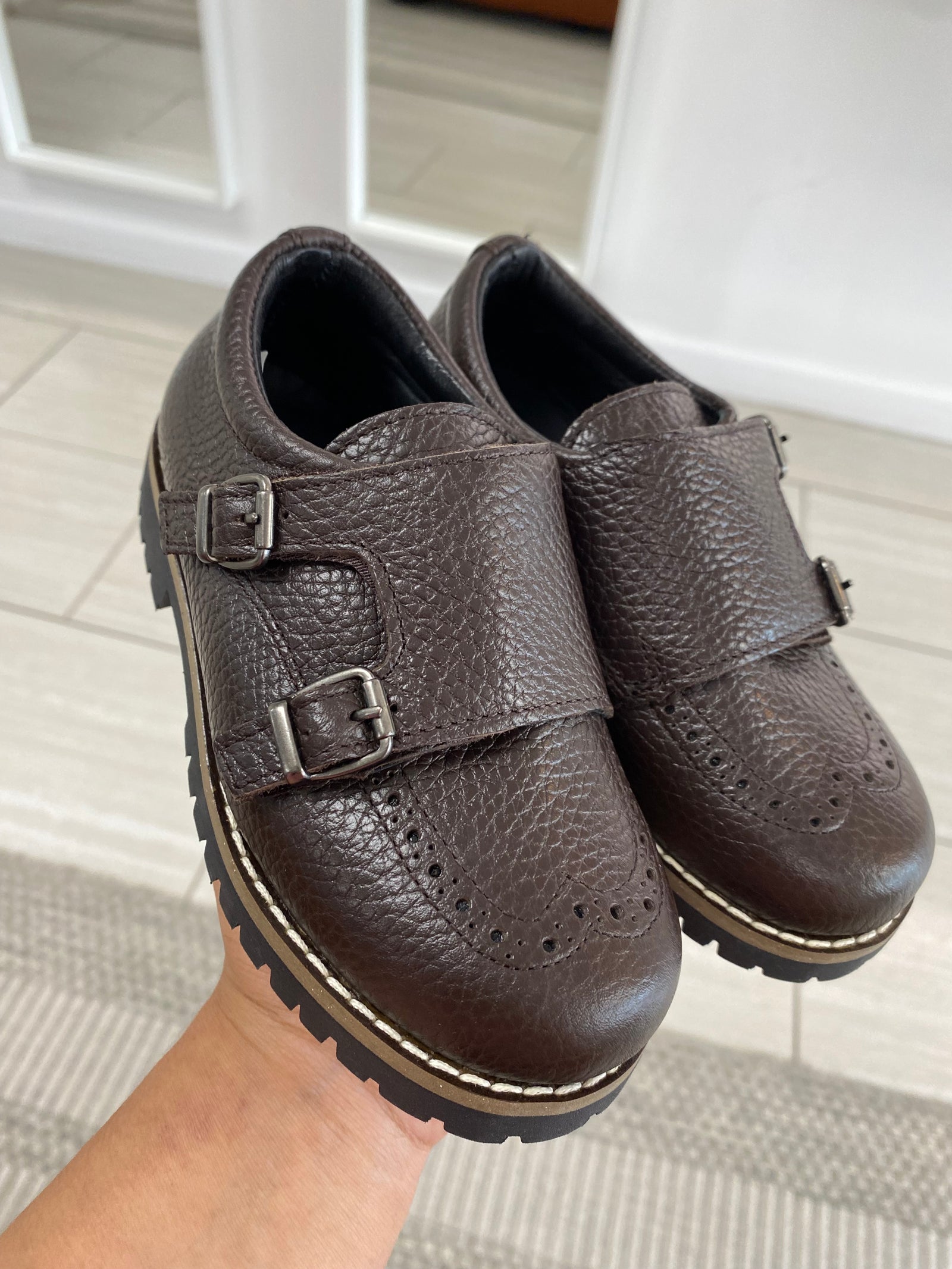 Blublonc Brown Wingtip Monk Loafer-Tassel Children Shoes