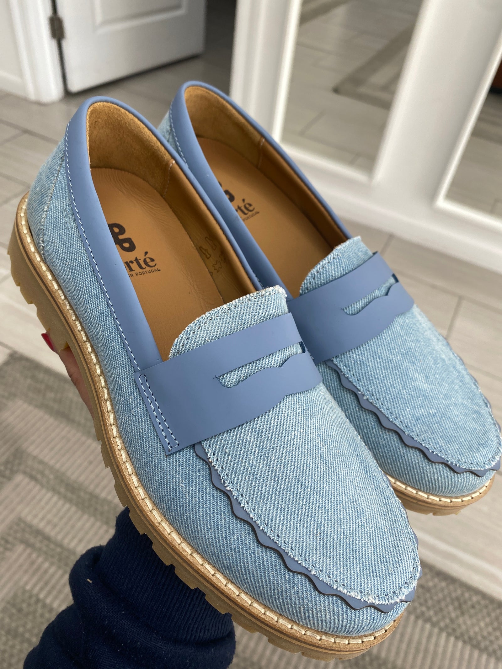 Porte Light Denim Scalloped Chunky Loafer-Tassel Children Shoes