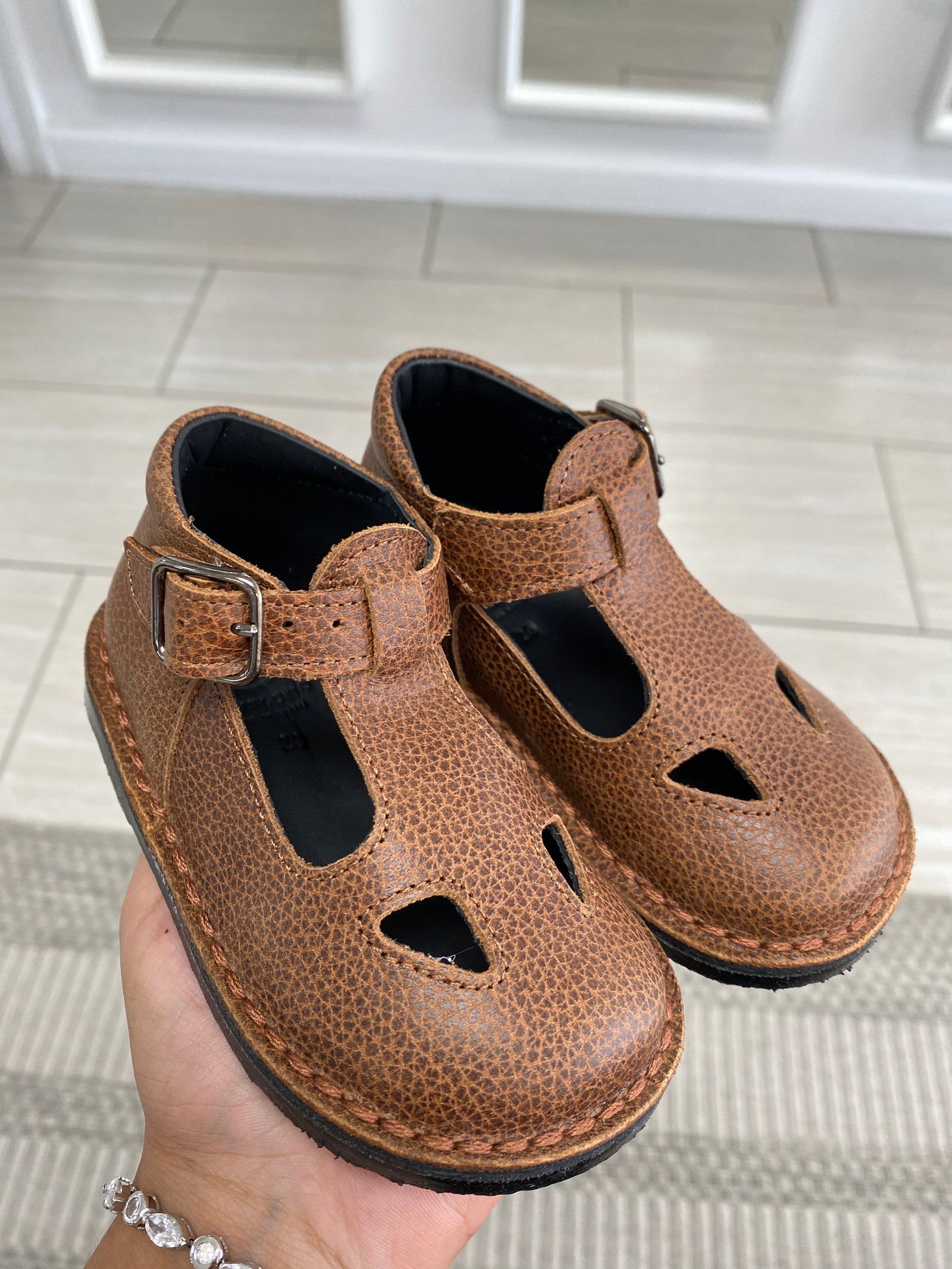 Blublonc Brown Pebbled Perforated Baby T Strap-Tassel Children Shoes