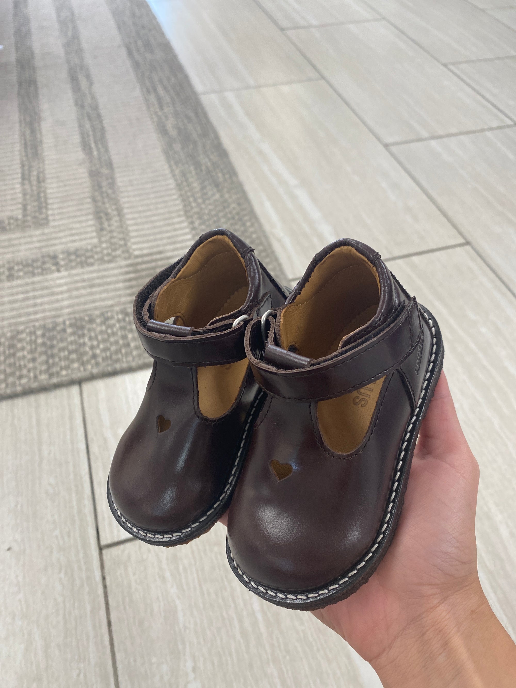 Angulus Dark Brown Heart Baby T Strap-Tassel Children Shoes