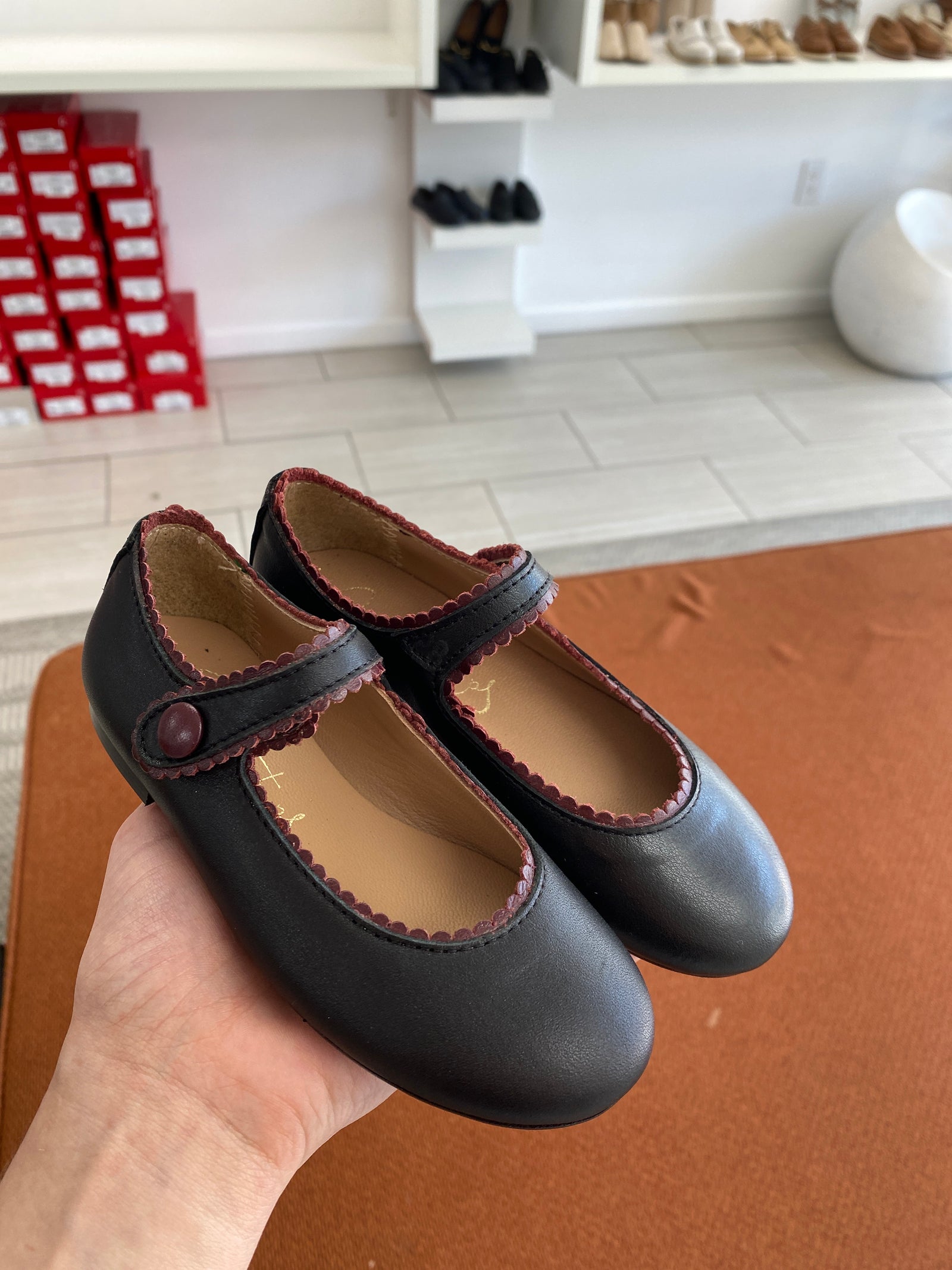 Papanatas Black and Burgundy Scalloped Mary Jane-Tassel Children Shoes
