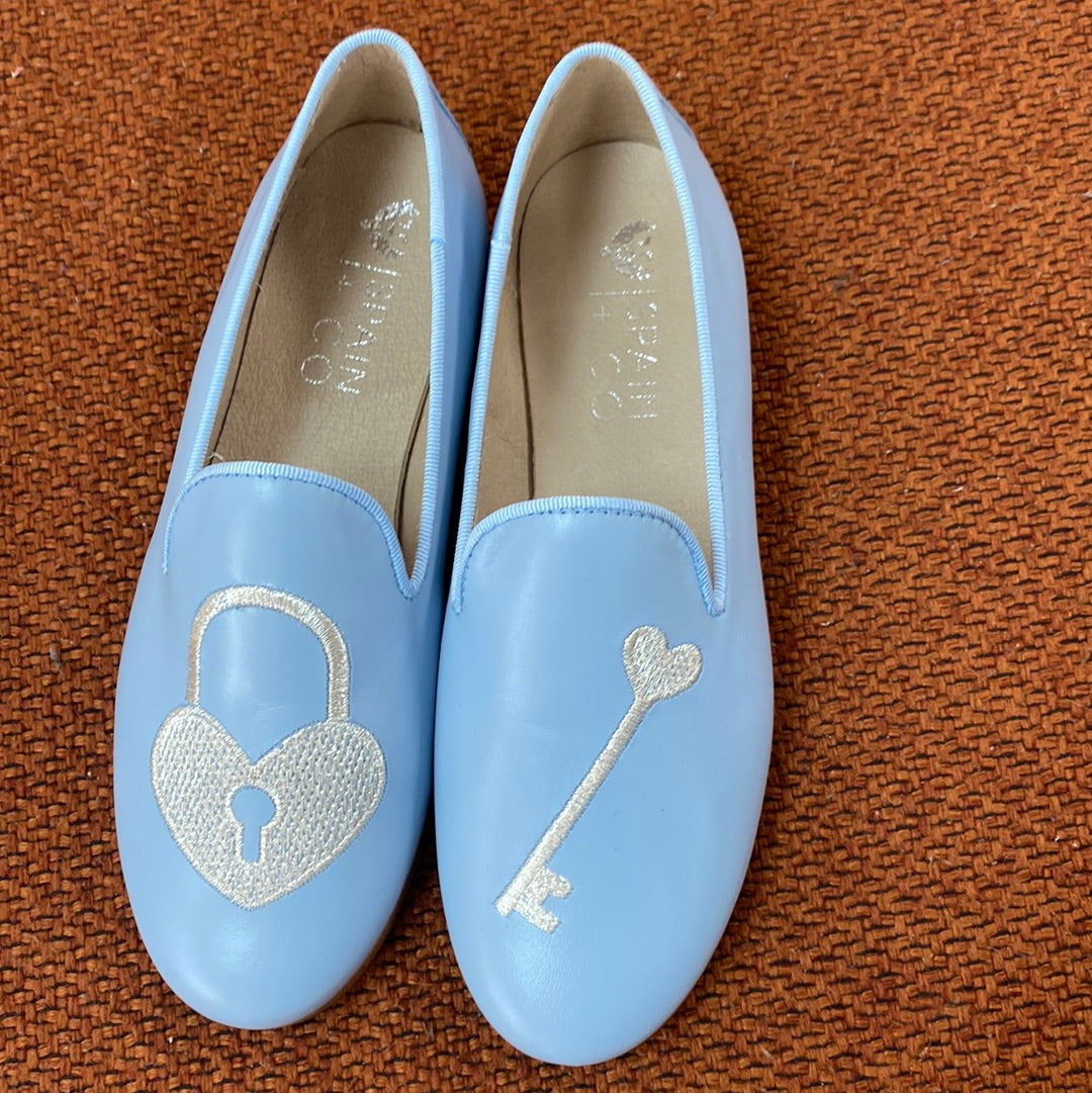 Spain+Co Sky Blue Lock and Key Smoking Loafer-Tassel Children Shoes