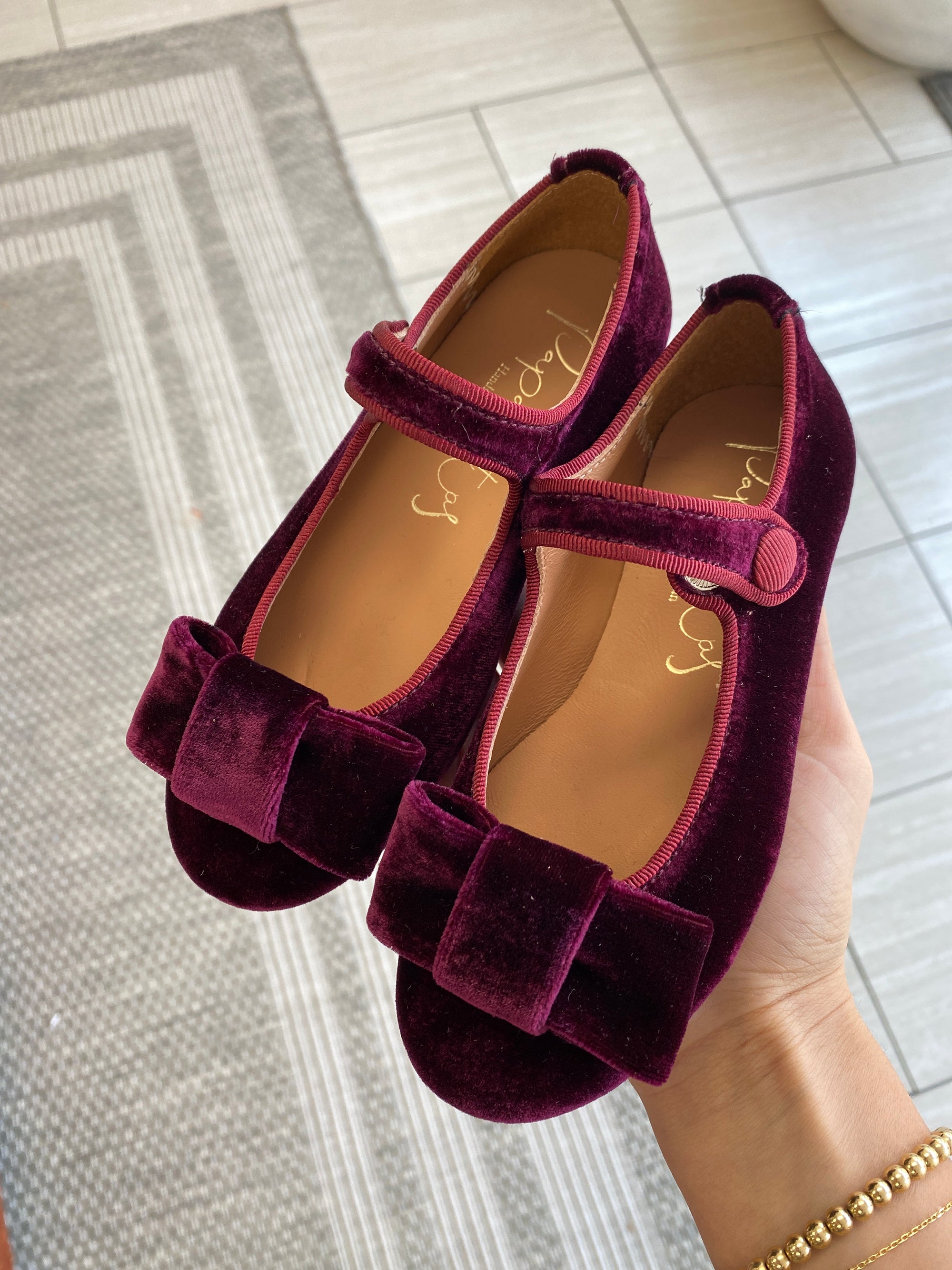 Papanatas Burgundy Velvet Bow Mary Jane-Tassel Children Shoes