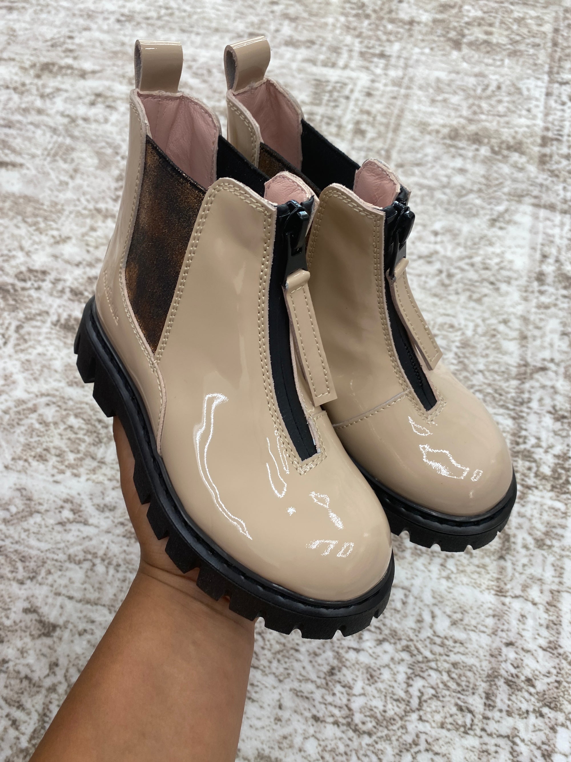 Rondinella Cream Patent Chunky Zipper Boot-Tassel Children Shoes