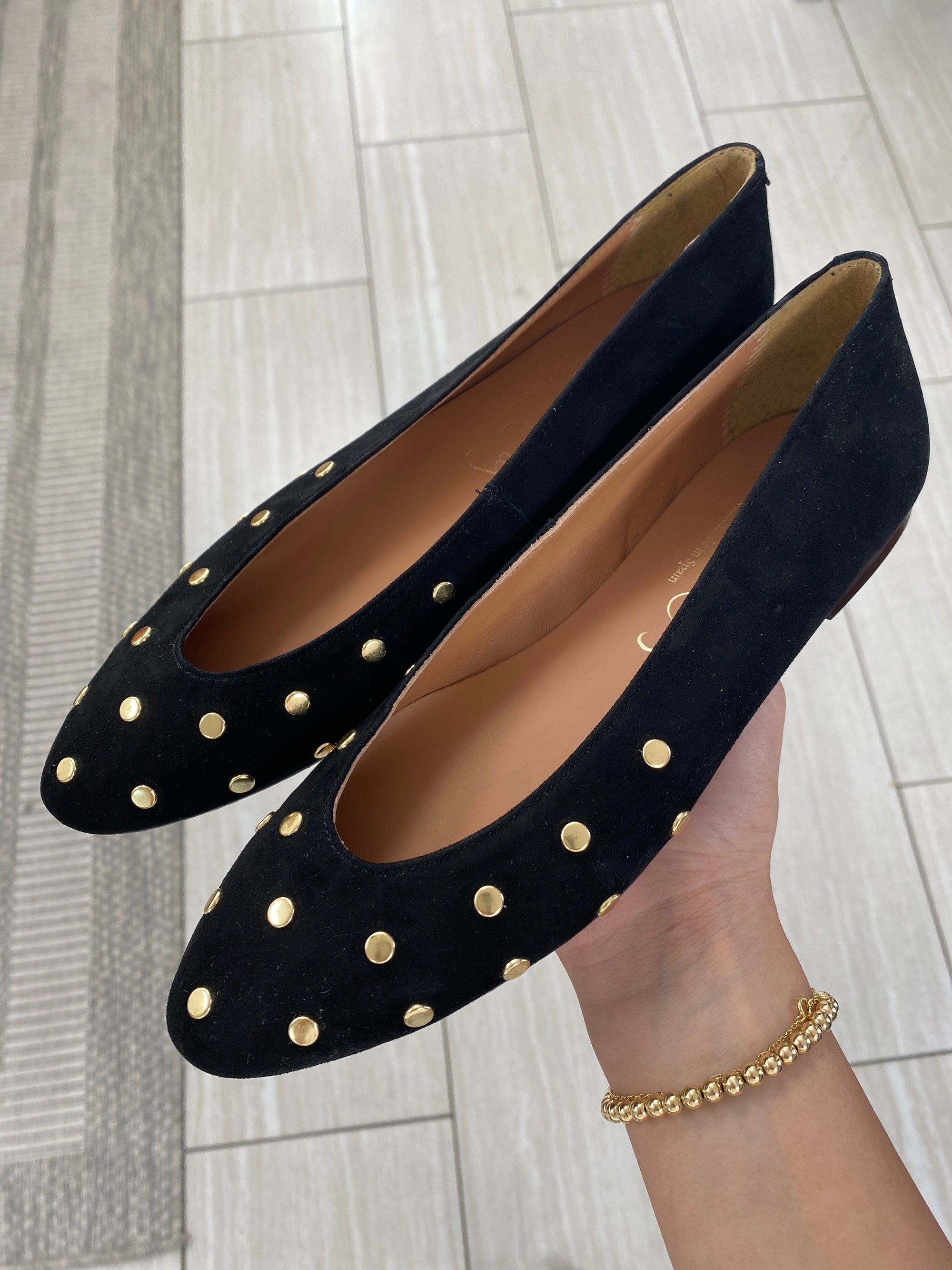 Papanatas Black Suede Studded V Flat-Tassel Children Shoes