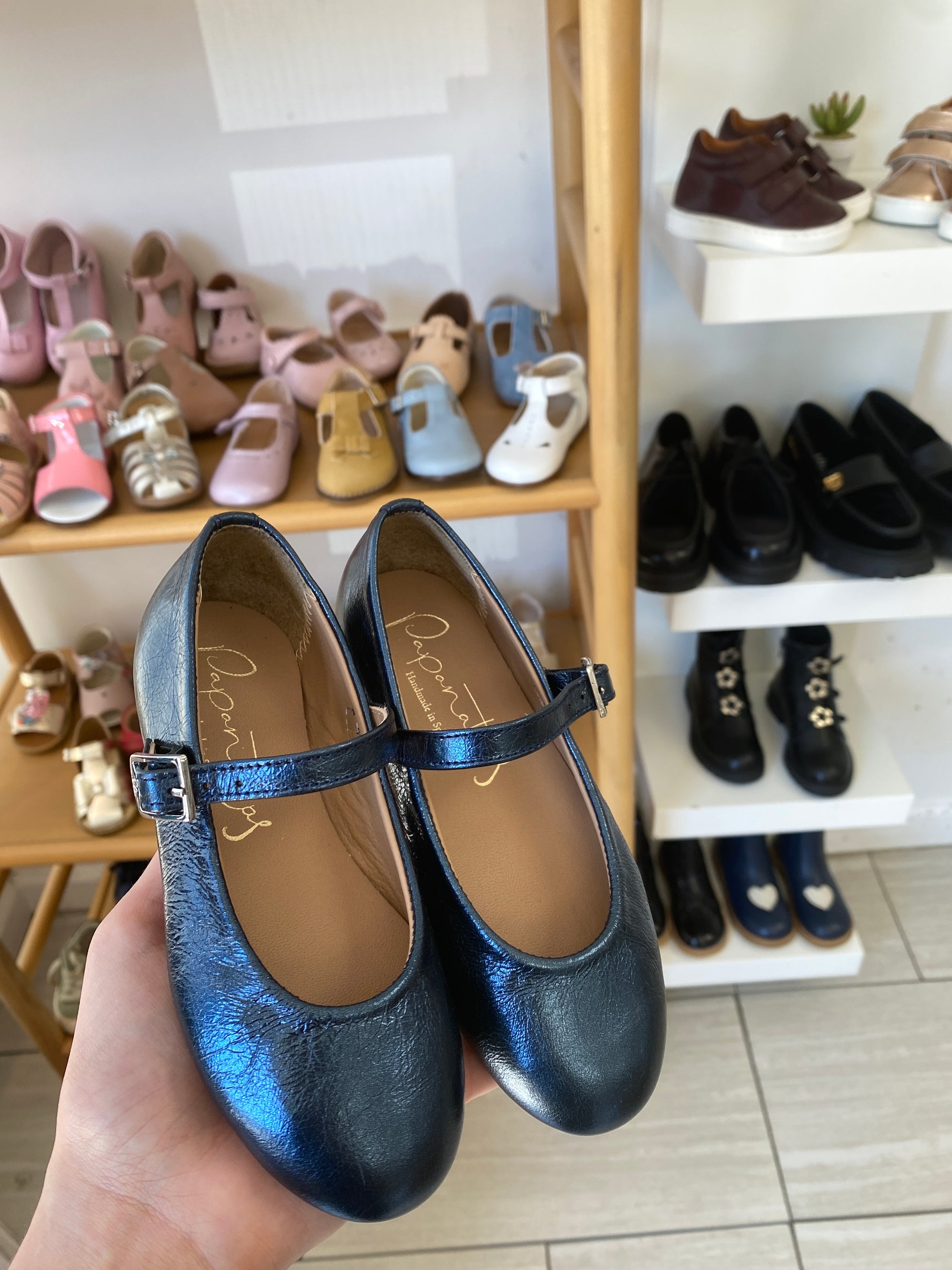 Papanatas Metalic Blue Buckle Mary Jane-Tassel Children Shoes