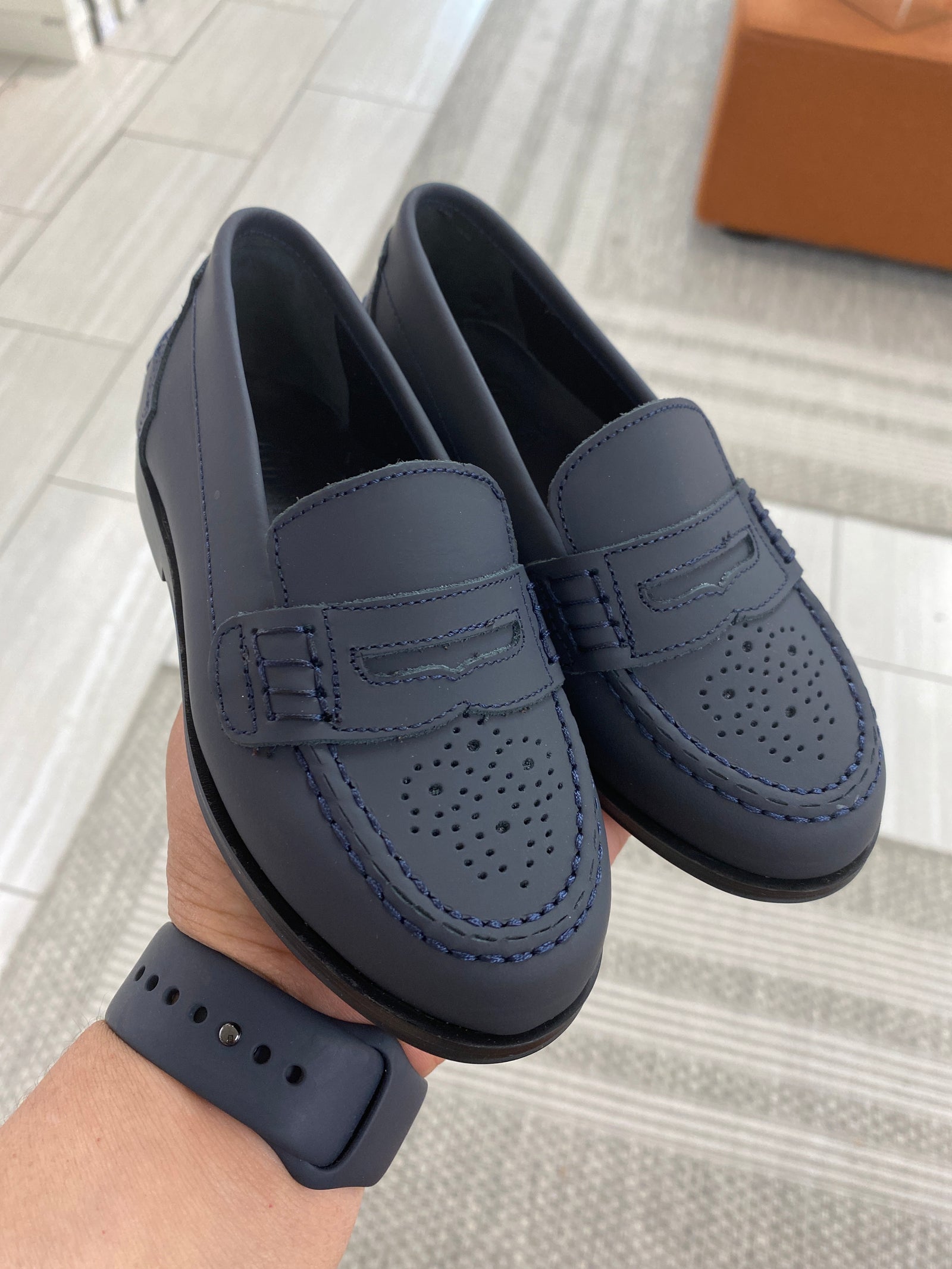 Blublonc Navy Rubber Perf Penny Loafer-Tassel Children Shoes
