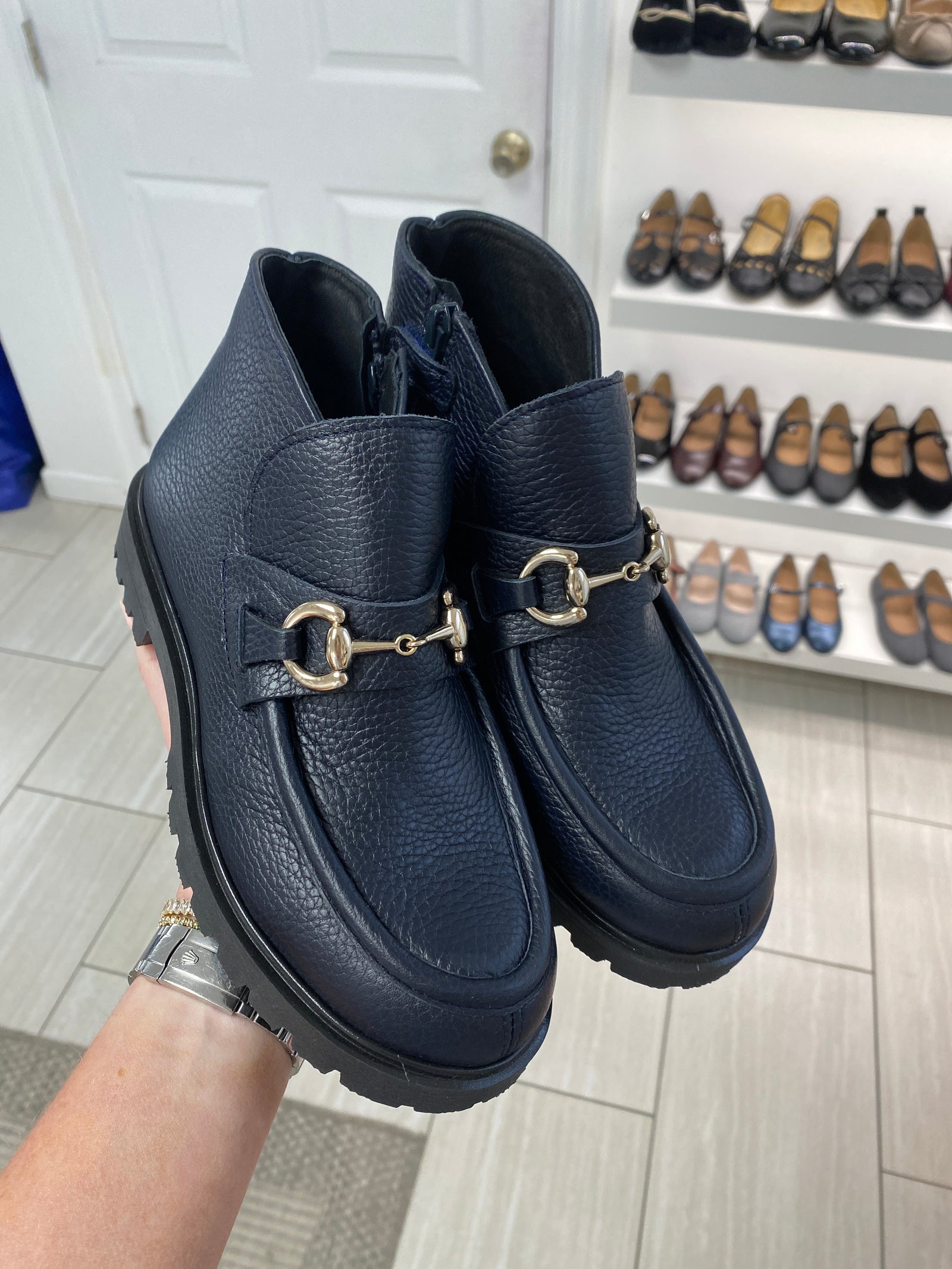 Spain+Co Navy Pebbled Horsebit Ankle Bootie-Tassel Children Shoes
