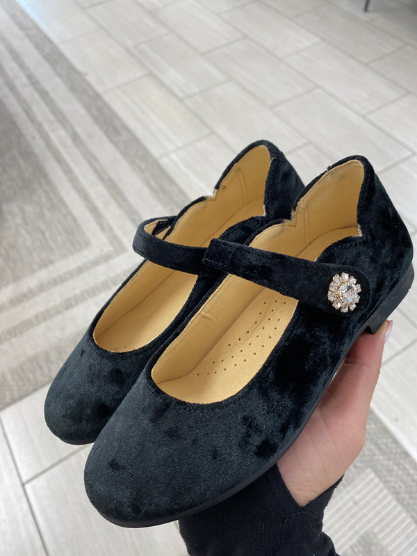 Andanines Black Velvet Rhinestone Scalloped Mary Jane - Tassel Children Shoes