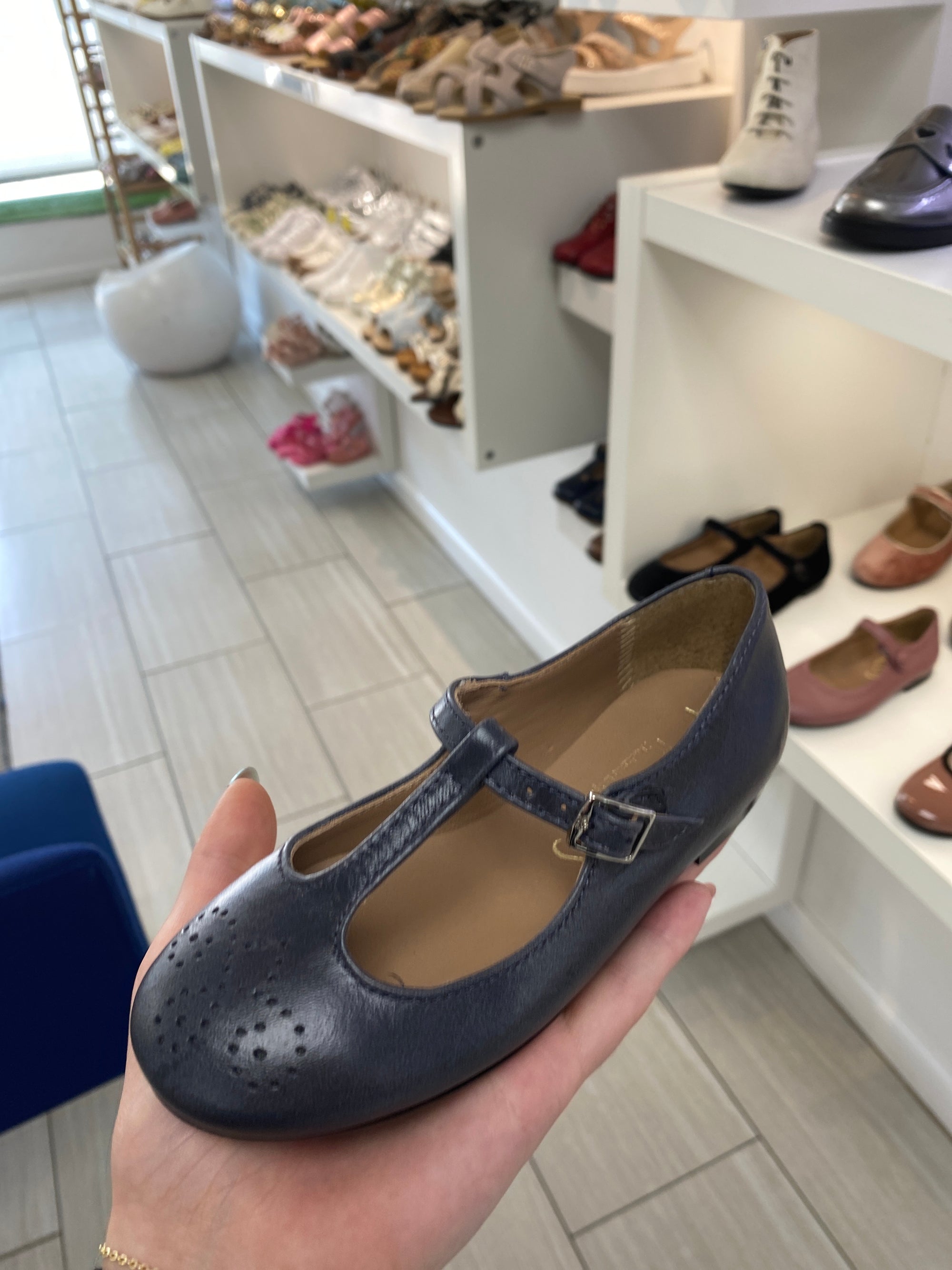 Papanatas Slate Perf T Strap Mary Jane-Tassel Children Shoes