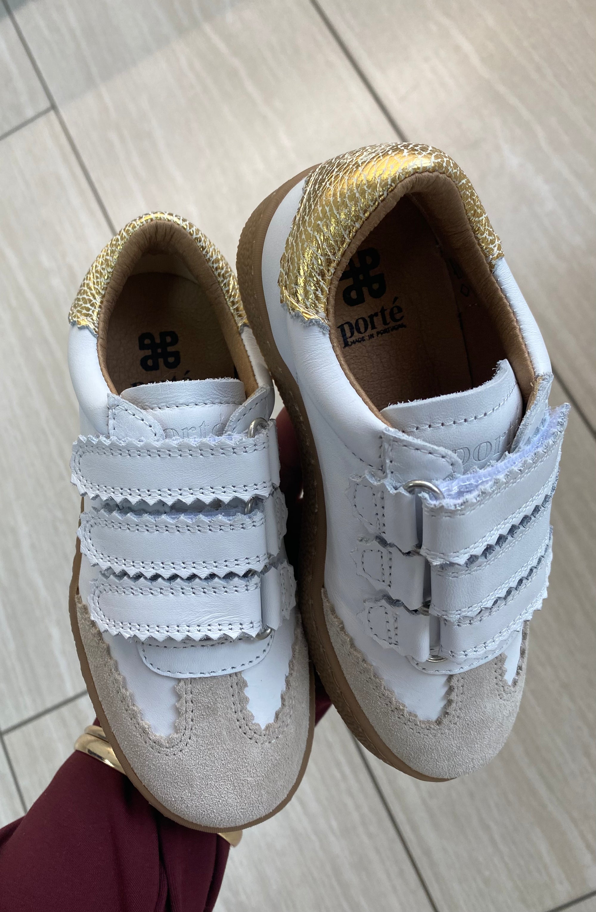Porte White and Gold Scalloped Velcro Sneaker-Tassel Children Shoes