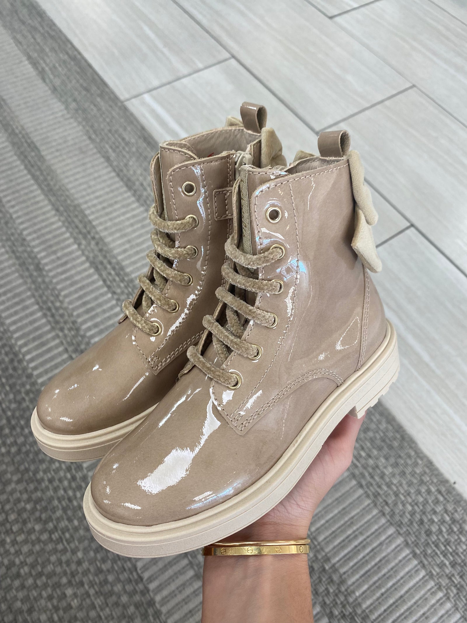 Beberlis Soft Beige Patent Bow Boot-Tassel Children Shoes