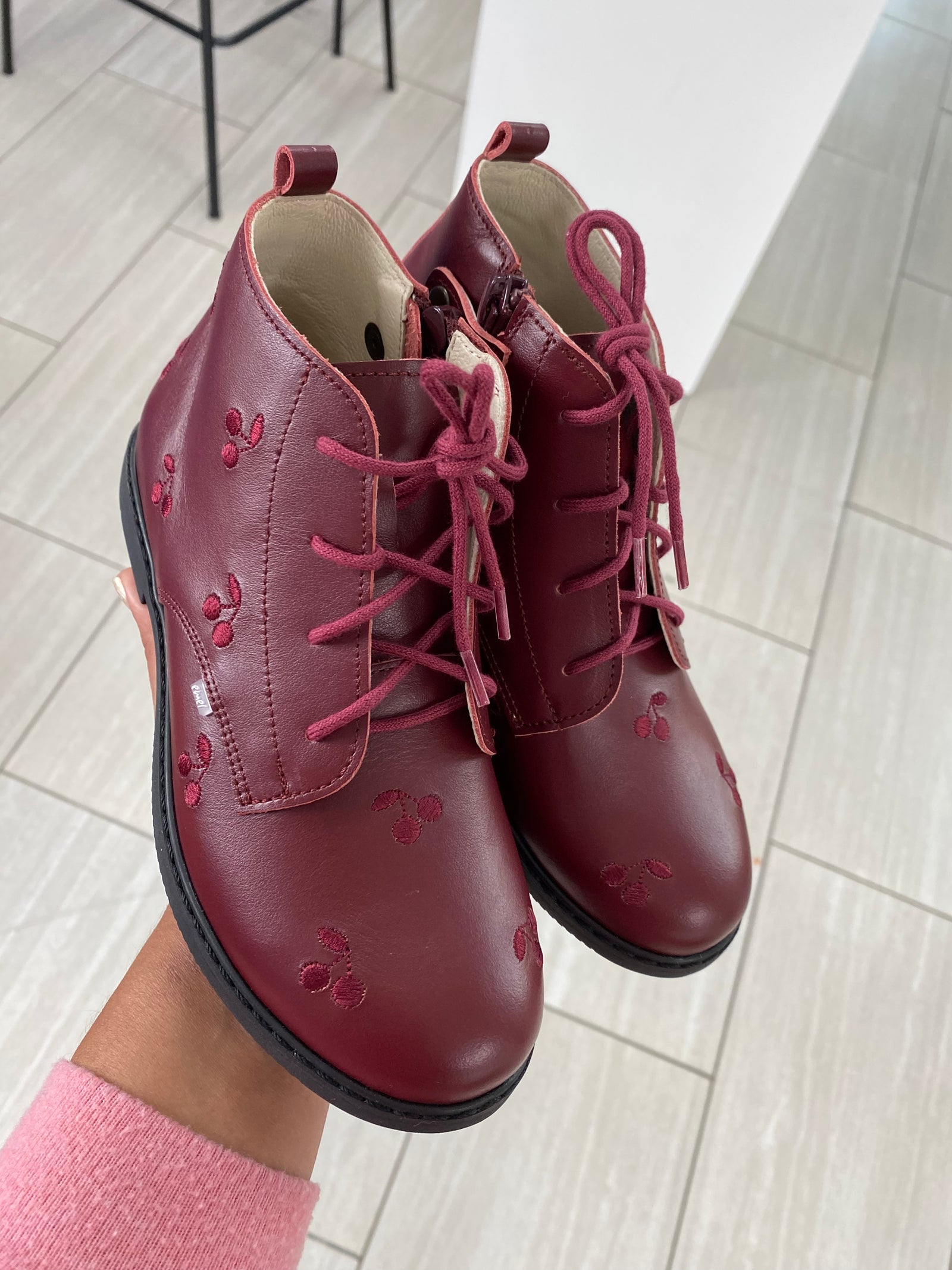 Emel Burgundy Embroidered Cherry Bootie-Tassel Children Shoes