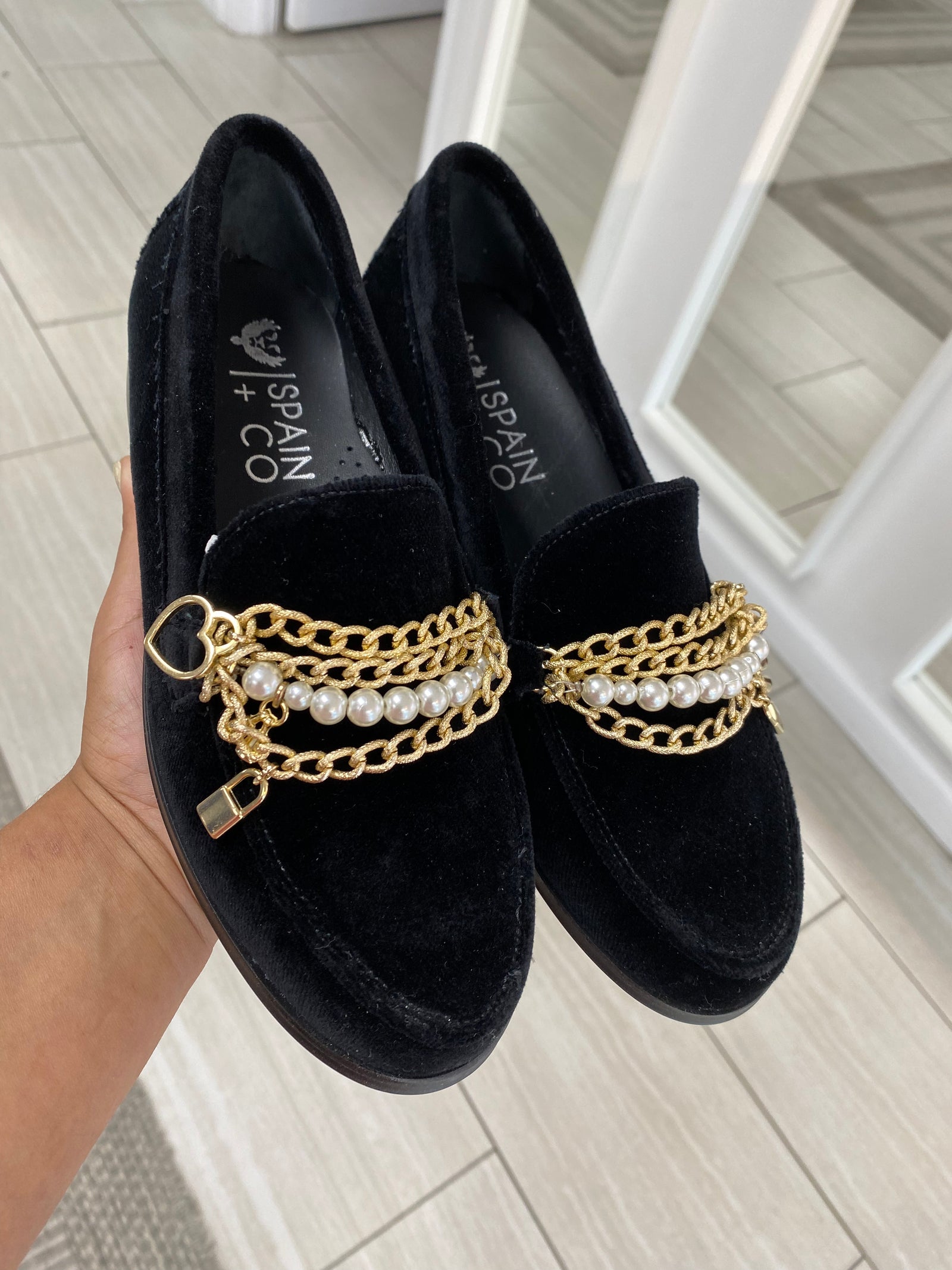 Spain+Co Chained Black Velvet Loafer-Tassel Children Shoes
