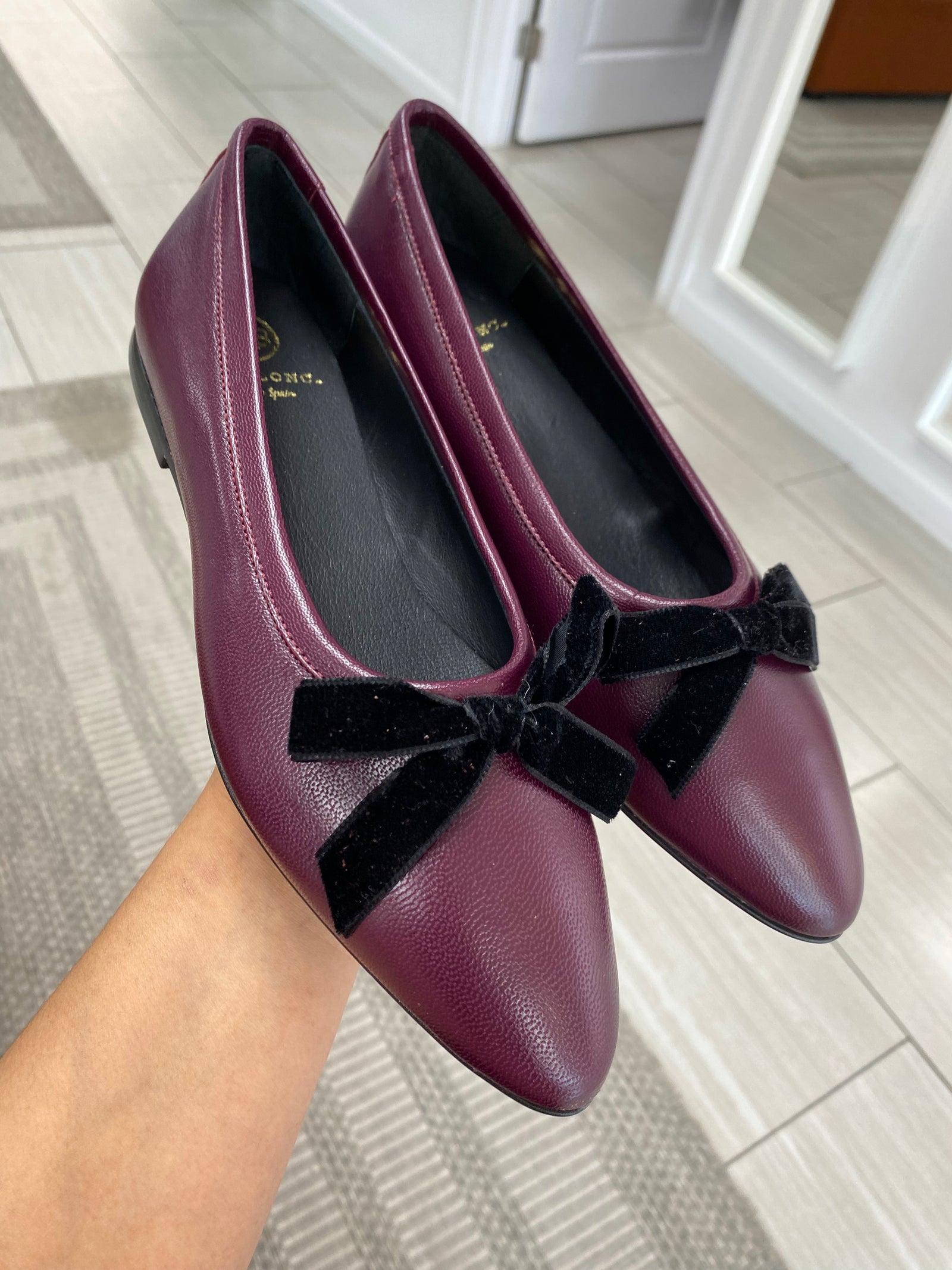Blublonc Burgundy Velvet Bow V Flat-Tassel Children Shoes