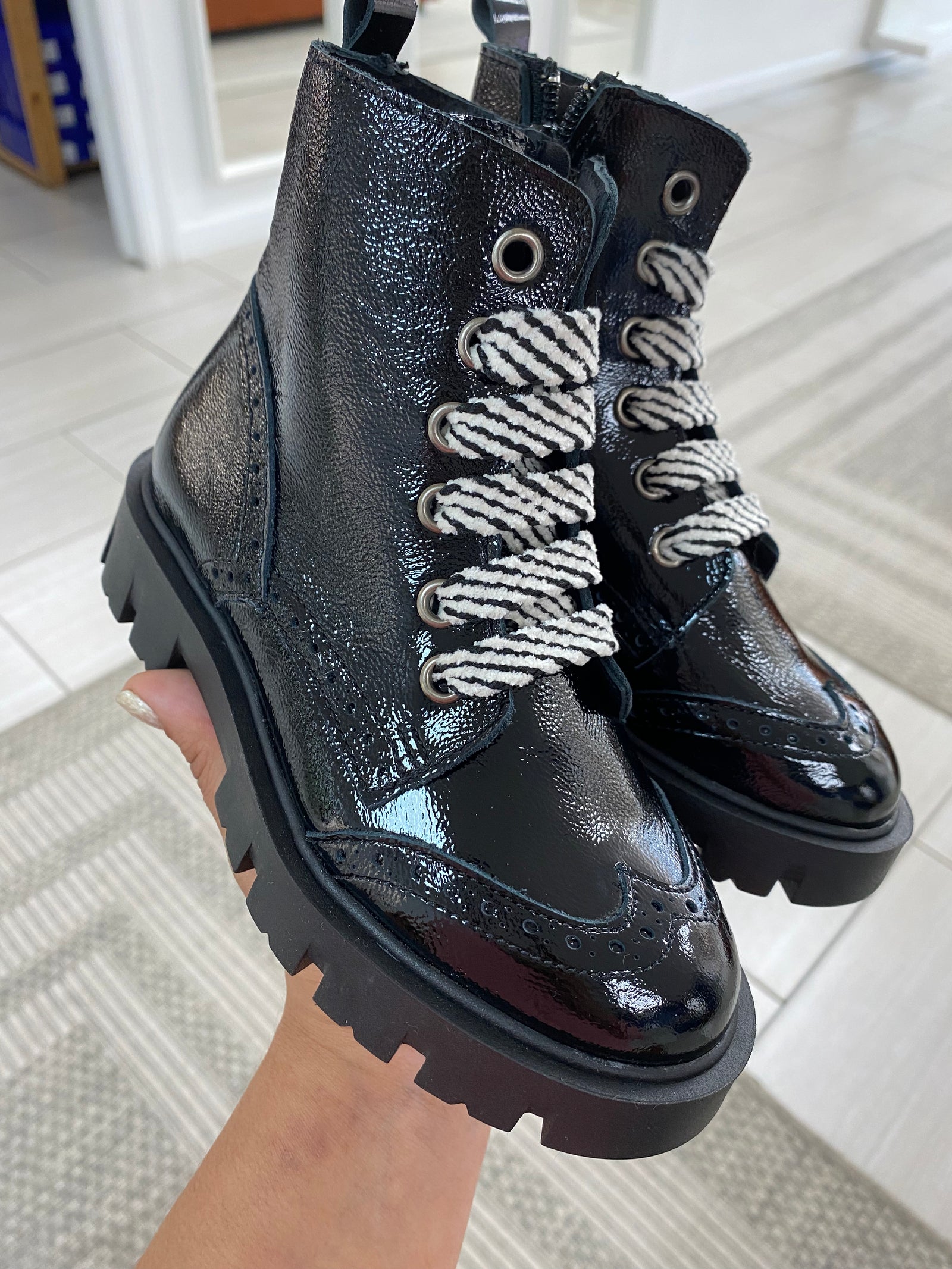 Blublonc Black Patent Combat Boot-Tassel Children Shoes