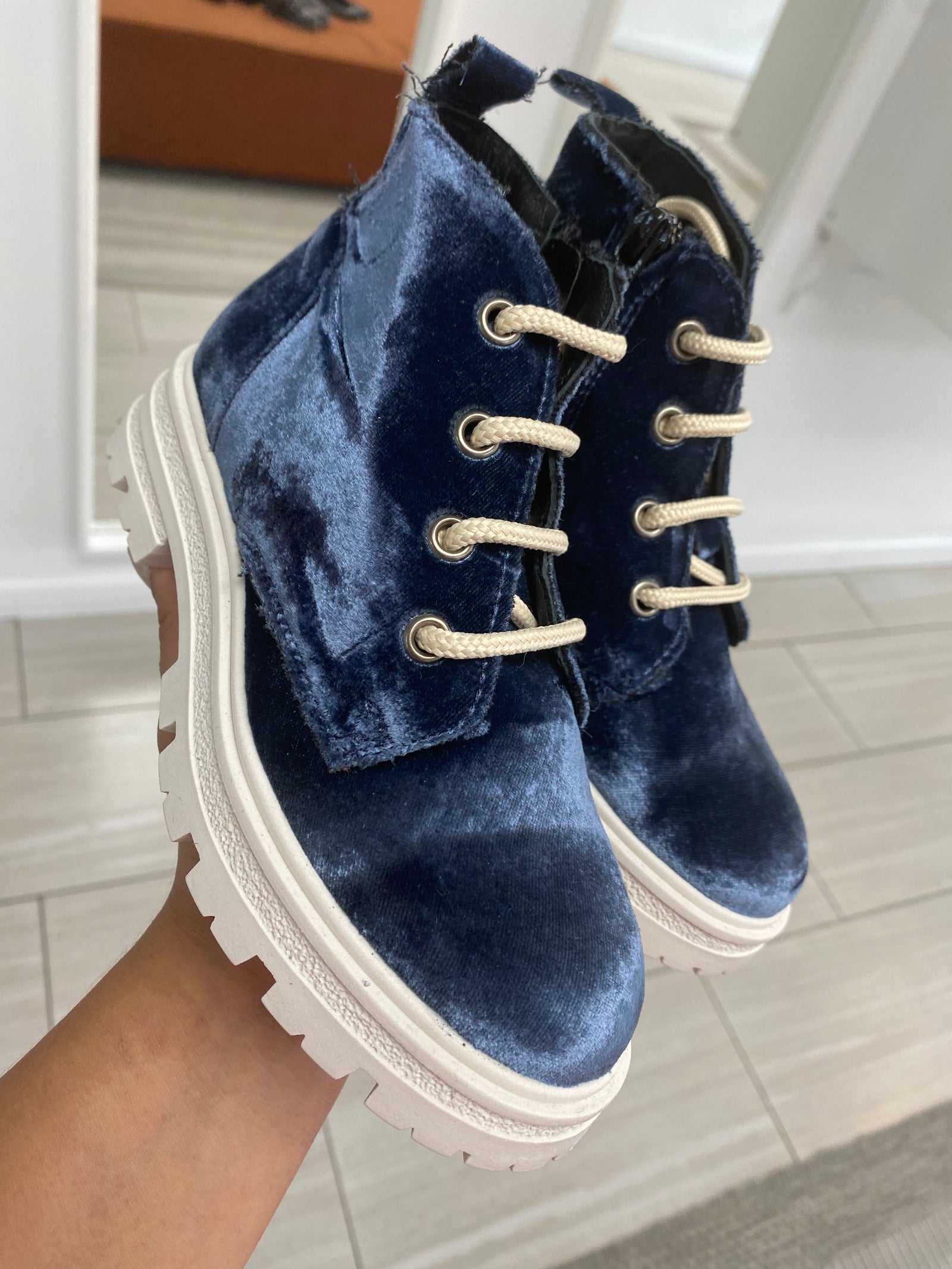 Blublonc Indigo Velvet Chunky Boot-Tassel Children Shoes