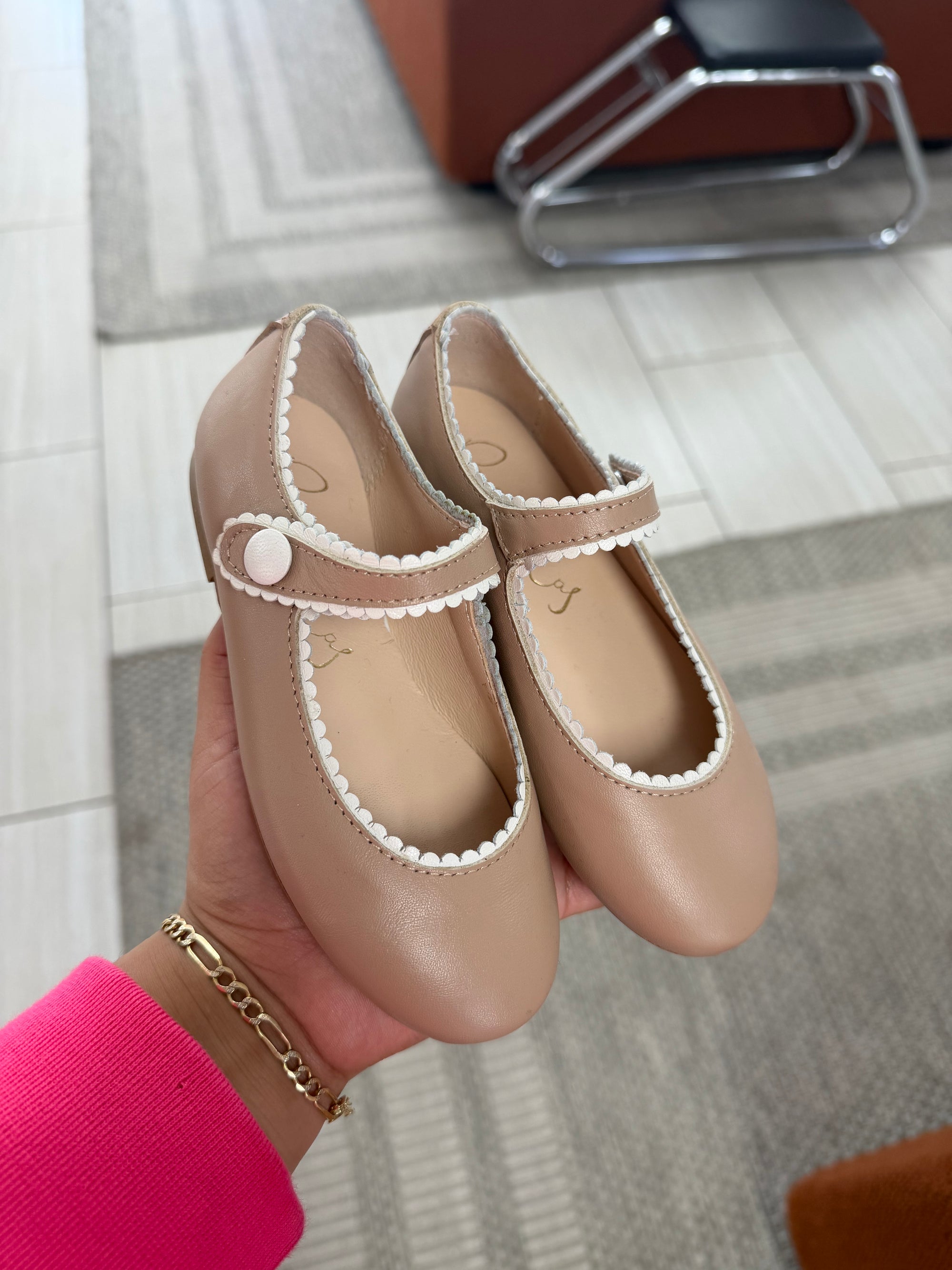 Papanatas Skin and White Scalloped Mary Jane-Tassel Children Shoes