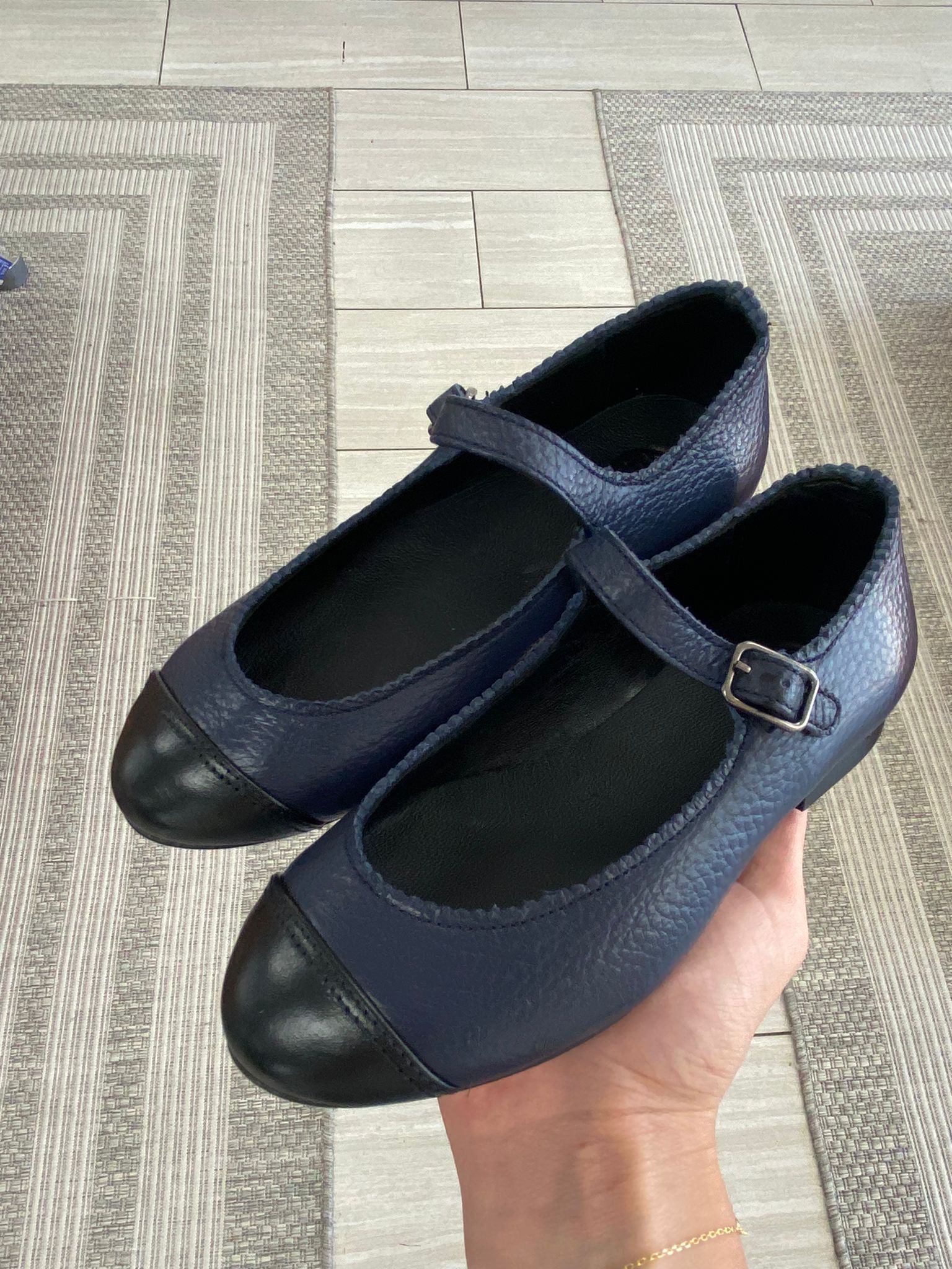 Blublonc Navy Pebbled Captoe Mary Jane-Tassel Children Shoes